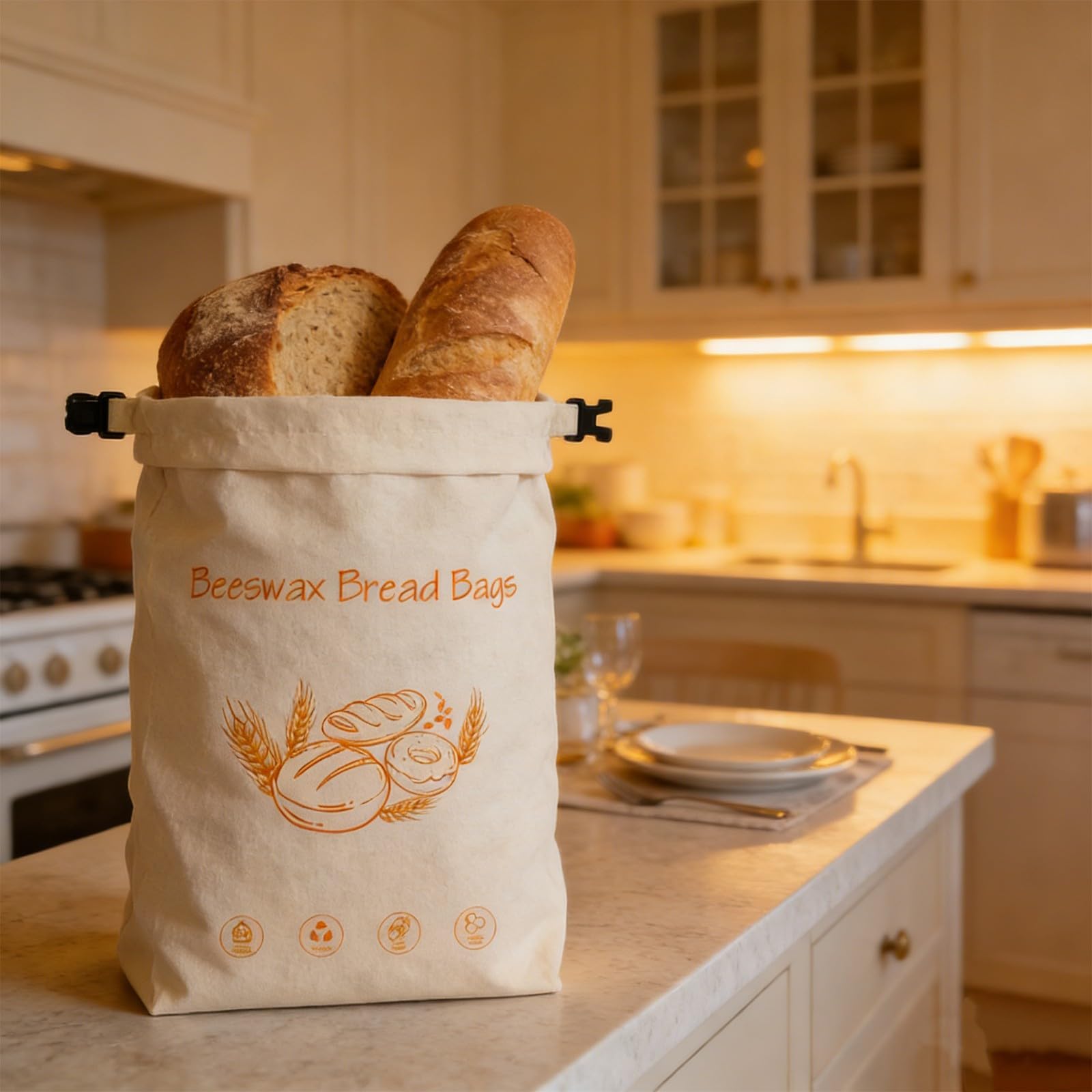 Borsa per alimenti in cotone biologico, cera d'api, con elastico e moschettone, essenziale per la cucina sostenibile per pane, formaggio, soluzione sostenibile per la cucina