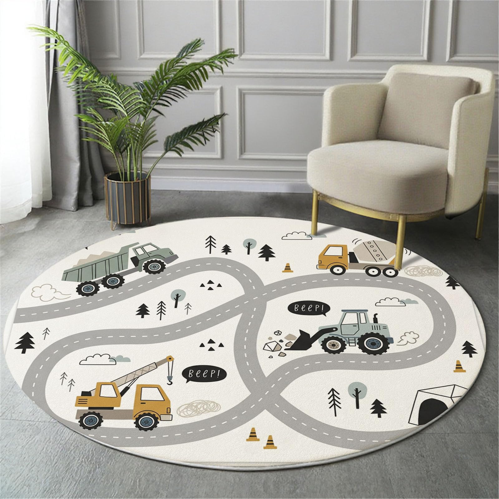 Tappeto Rotondo 180cm Mappa stradale del vento Pelo Corto | Tappeti Grigio Chiaro Flanelle Morbido - Tappeto Corsia per veicoli da cantiere Decorativi per Cameretta Camera da Letto