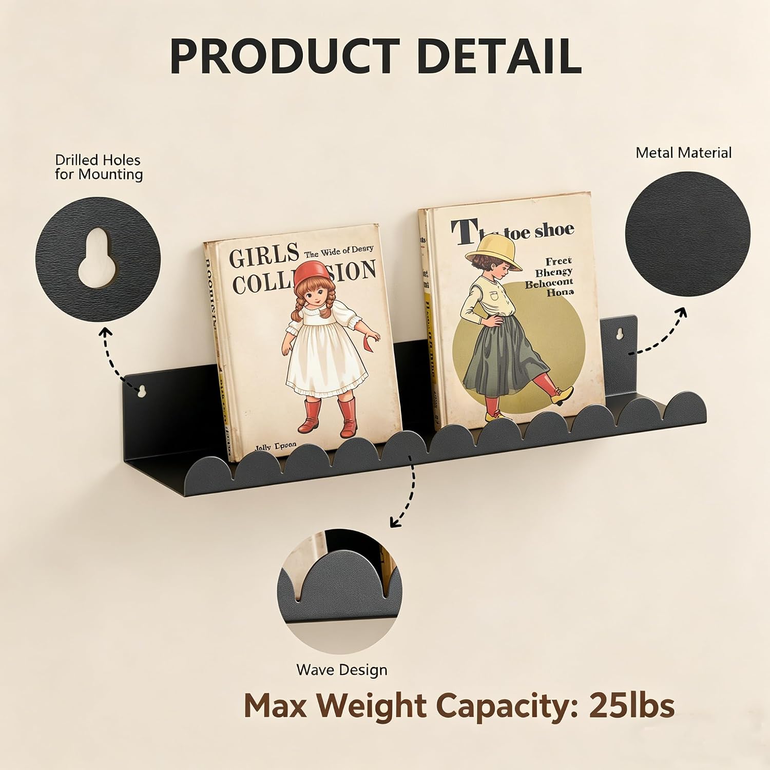 Floating Shelves, Gonice Nursery Book Shelves Scalloped, Kids Room Shelves, Black Book Shelf for Wall
