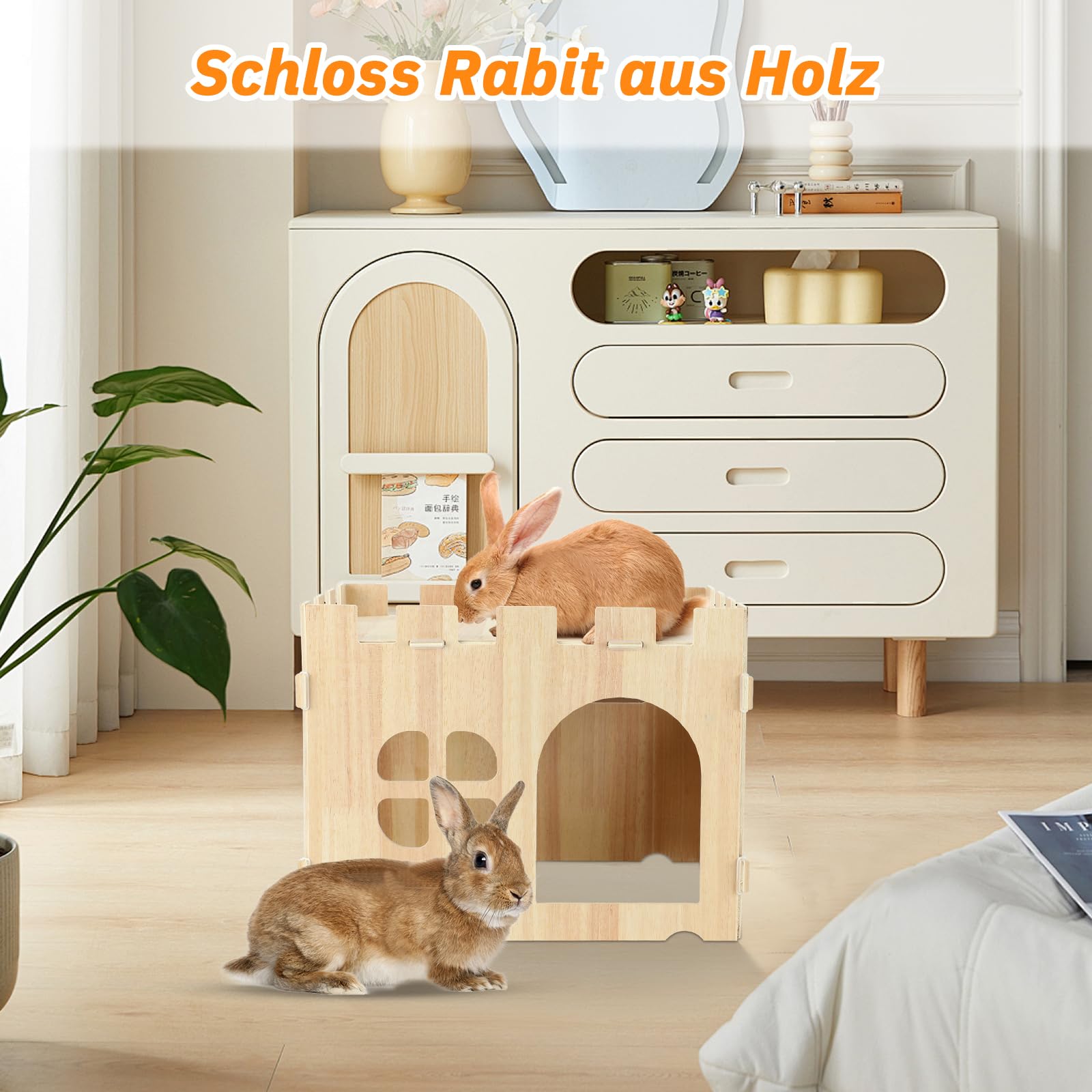Großes Kaninchenhaus und Verstecke Hölzernes Kaninchen Versteck Schloss Abnehmbares Kaninchen Spielhaus für Indoor erwachsenes Bunny Meerschweinchen Chinchilla Habitat
