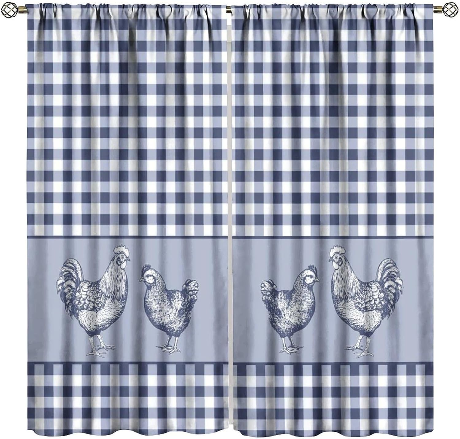 Farm Rooster Blackout Curtains Rustic Retro Farmhouse Animals Blue White Buffalo Plaid Art Printed Bedroom Living Room Bathroom Rod Pocket Decoration Window Drapes 2 Panels W21xL45in