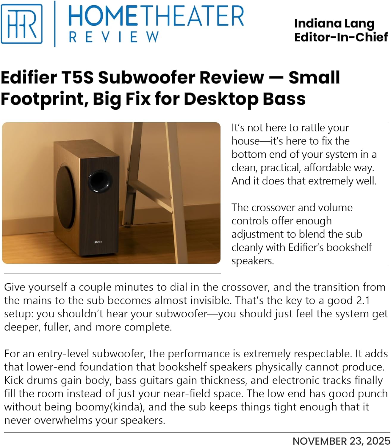 Edifier T5s Powered Active Subwoofer with 70W RMS, 8" Long-Throw Woofer, Deep Bass (35Hz) Speaker, Built-in Amp, Low Distortion, Phase Selector & Energy-Efficient for Home & Studio Audio, Black - Image 2