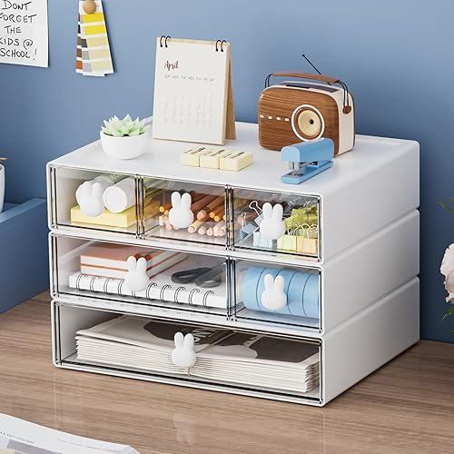 Miniatura 8 de Marbrasse Organizador de escritorio magnético de borrado en seco con 6 cajones, cajones de almacenamiento apilables de 3 niveles