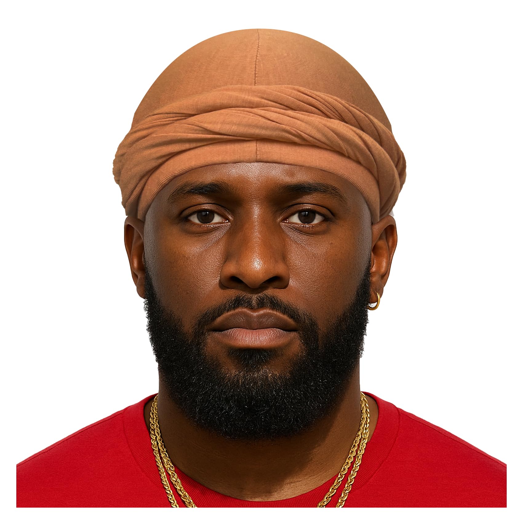 Upgraded Halo Turban Durag for Men &Women, Pre-Tied Skull Cap, Hair Loss Hat Silk-Lined Headwraps, Sleeping Bonnet (L,Tan)