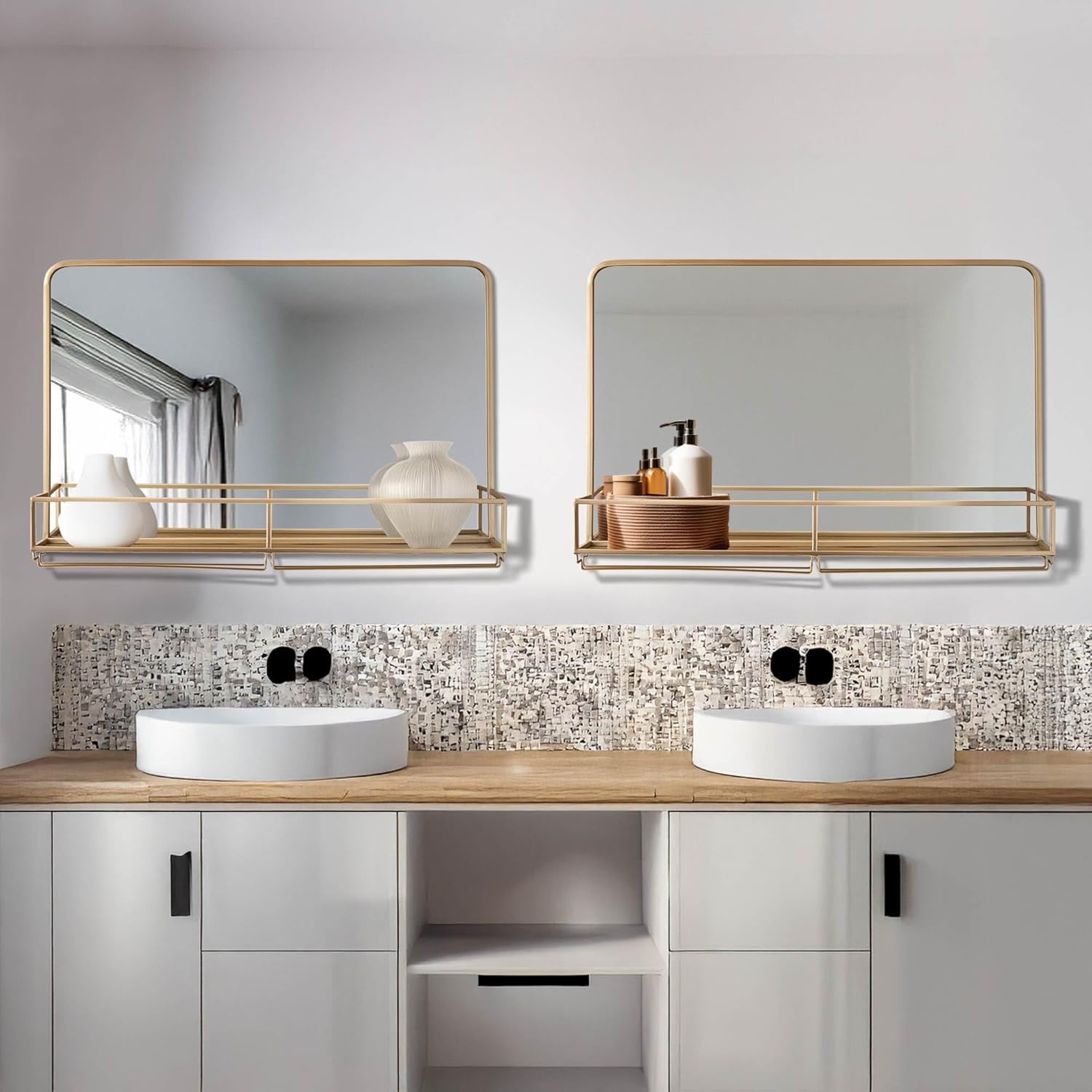 Head West Gold Metal Framed Wall Mounted Vanity Mirror with Storage Shelf, Decorative Mirror for Wall Decor, Modern Bathroom Mirrors for Over Sink, Bedroom, Living Room, Entryway, Hallway 21.5"x31.25"