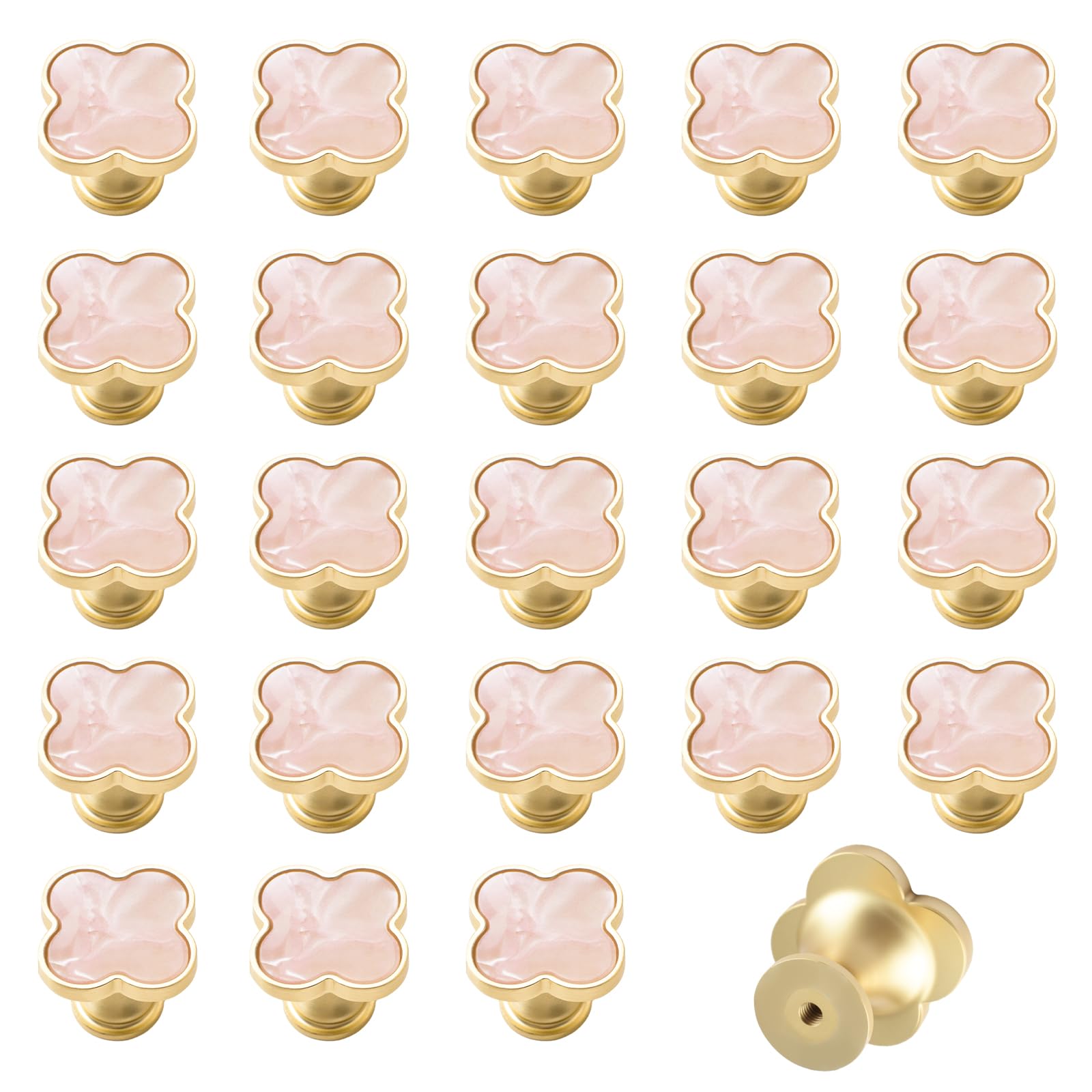 MOROBOR 24 PCS Four-Leaf Clover Cabinet Knobs, Decorative Drawer Pulls Creative Single Hole Zinc Alloy Handle for Dresser Wardrobe Furniture Accessories/Gold Base with Pink Surface — image 1