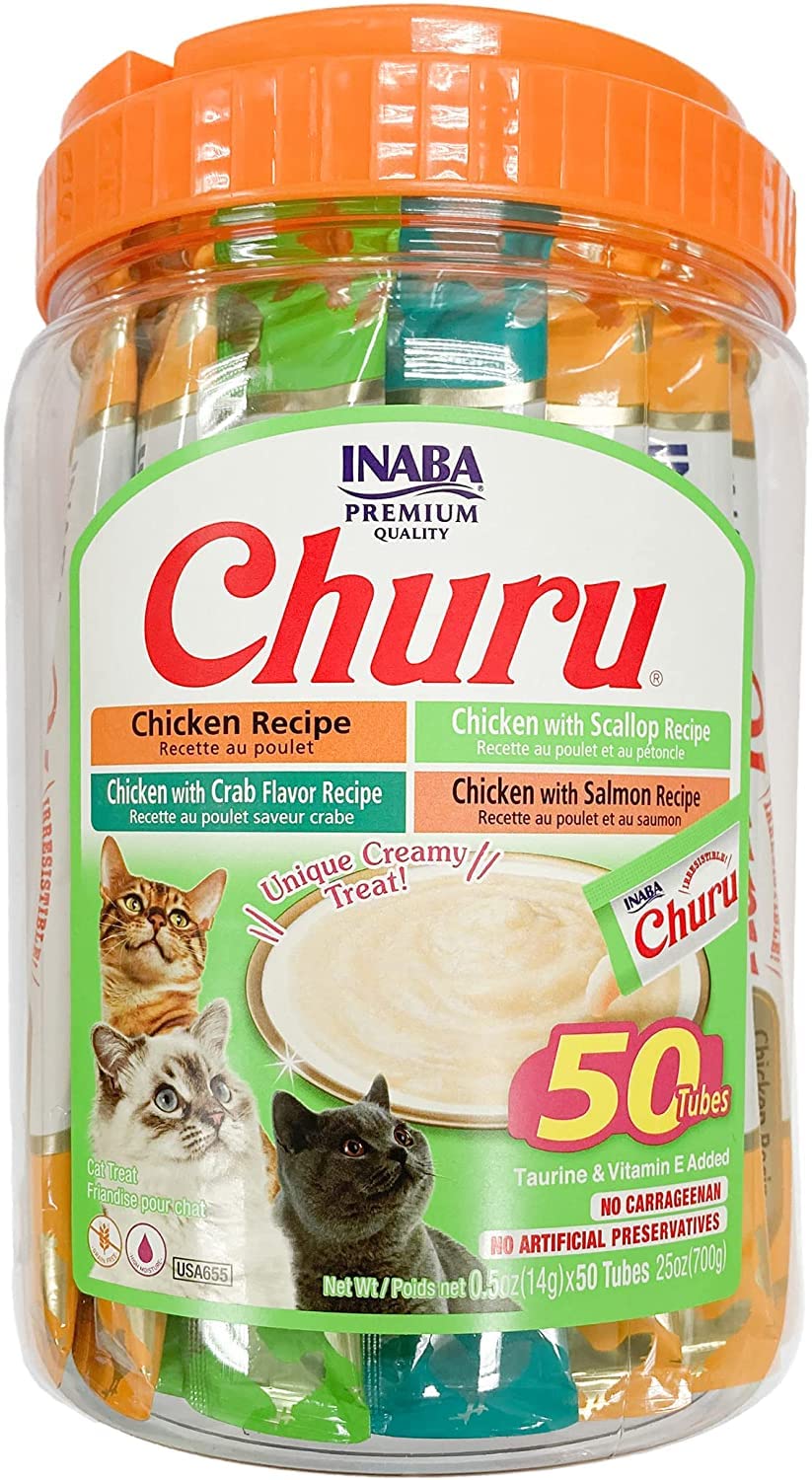 INABAChuru Cat Treats, Grain-Free, Lickable, Squeezable Creamy Purée Cat Treat/Topper with Vitamin E & Taurine, 0.5 Ounces Each Tube, 50 Tubes, Chicken & Seafood Variety