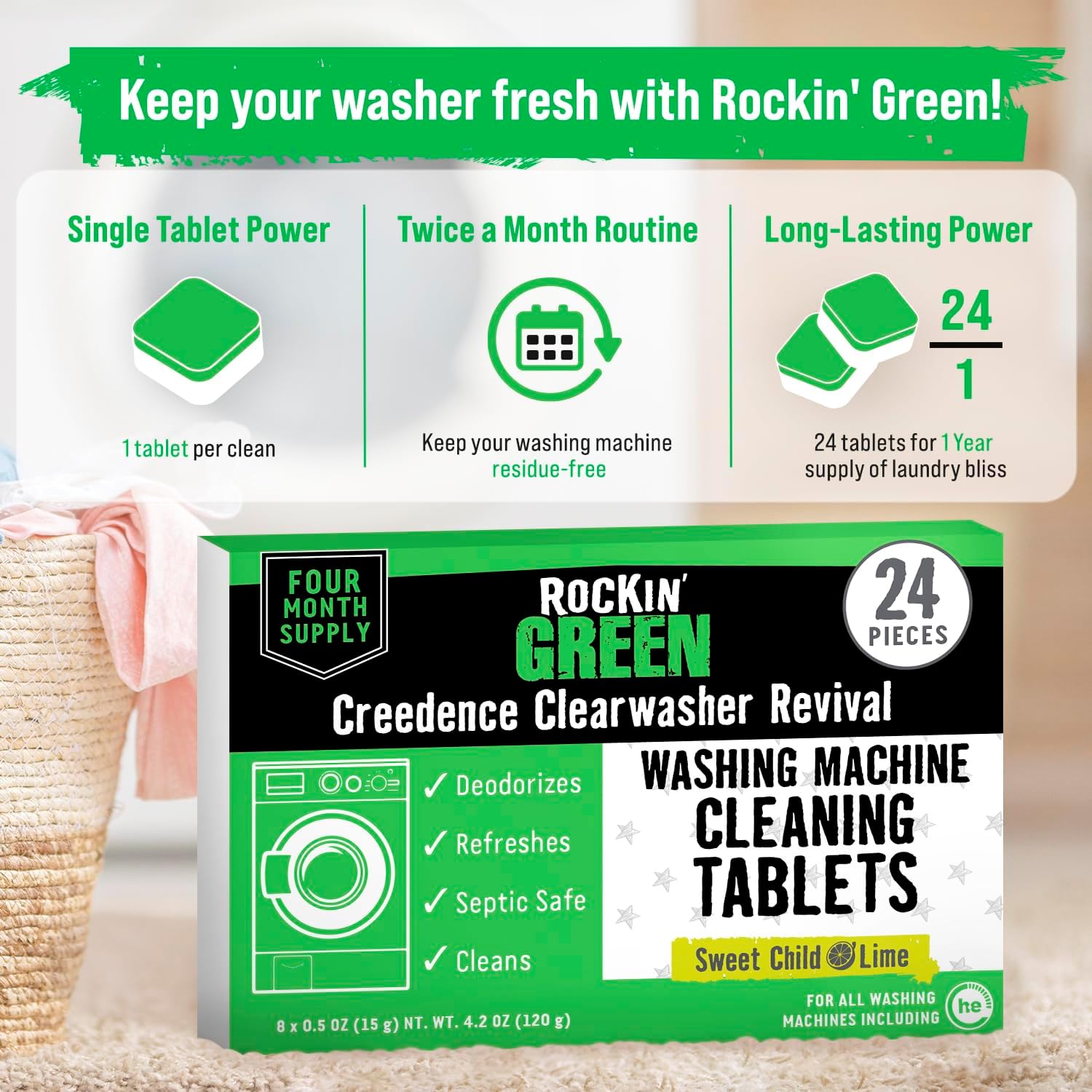 Rockin' Green Washing Machine Cleaner Citrus Lime 24 Pk