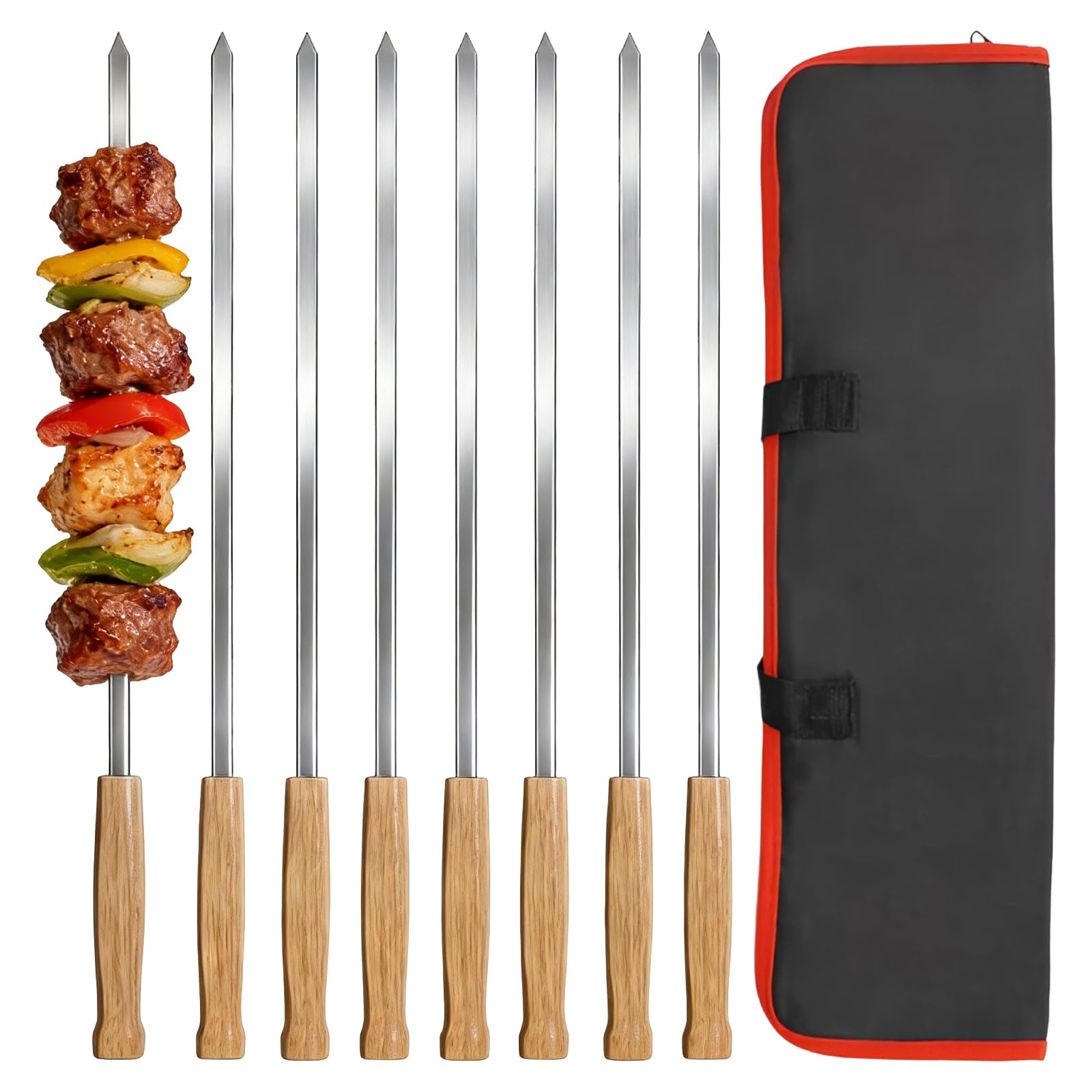 Brochettes barbecue acier inoxydable 410 44cm réutilisables manche chêne 8 pièces