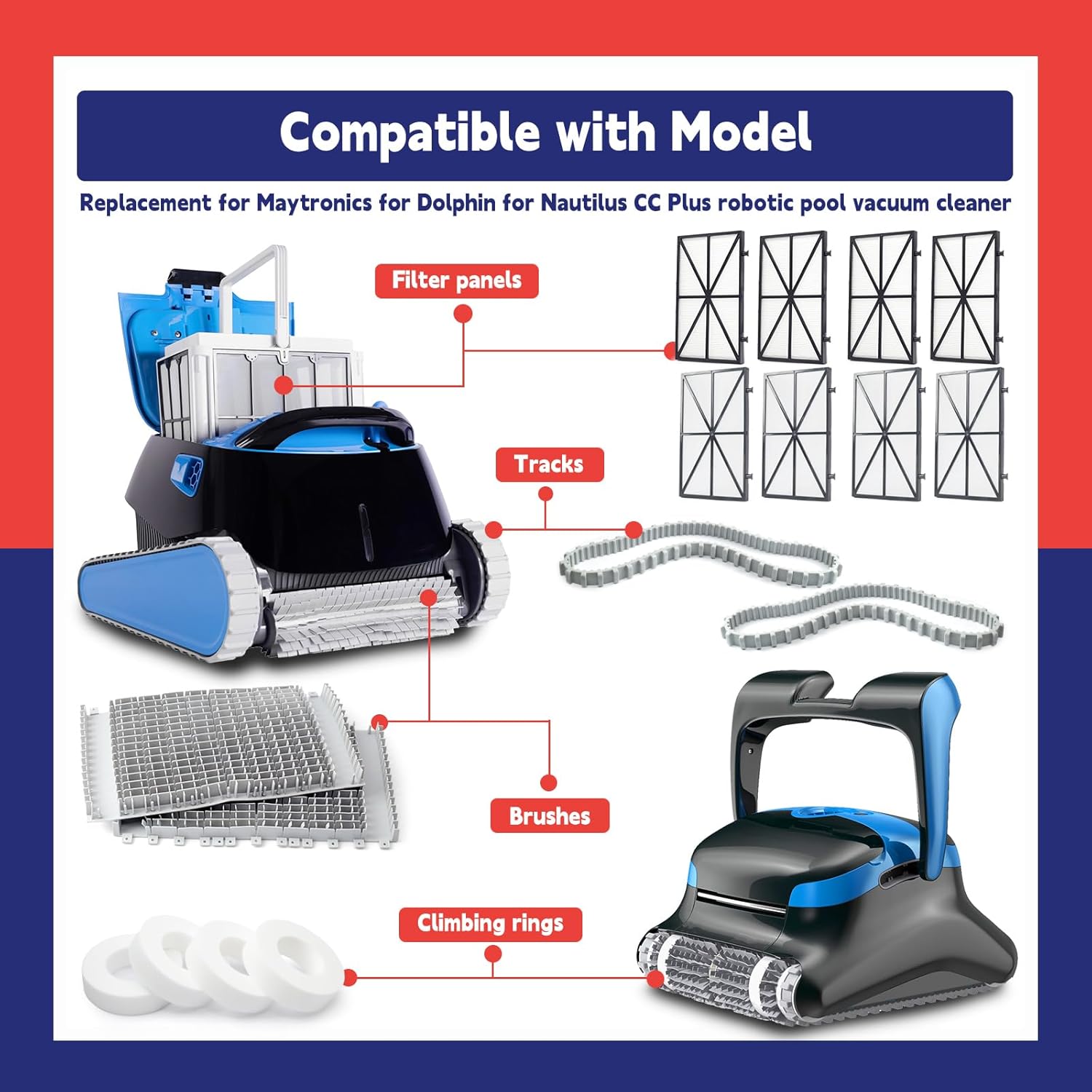Tune Up Rebuild Kit with 9991433-R4 Fine Filter Panels 6101641-R2 Brushes 6101611-R4 Climbing Rings 9985006-R2 Tracks Replacement for Maytronics for Dolphin for Nautilus CC Plus Robotic Pool Cleaner