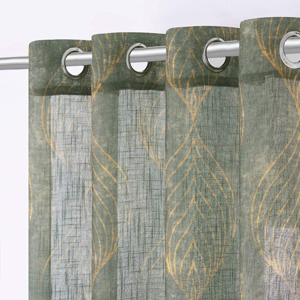 KGORGE Semi Sheer Curtains - Linen Like Curtains 63 inch Length Yellow Curtains Drapes Leaf Design Light Glare Filtering Window Panels for Bedroom Living Room Bathroom, 50 x 63 in, 2 Pcs, Olivenite