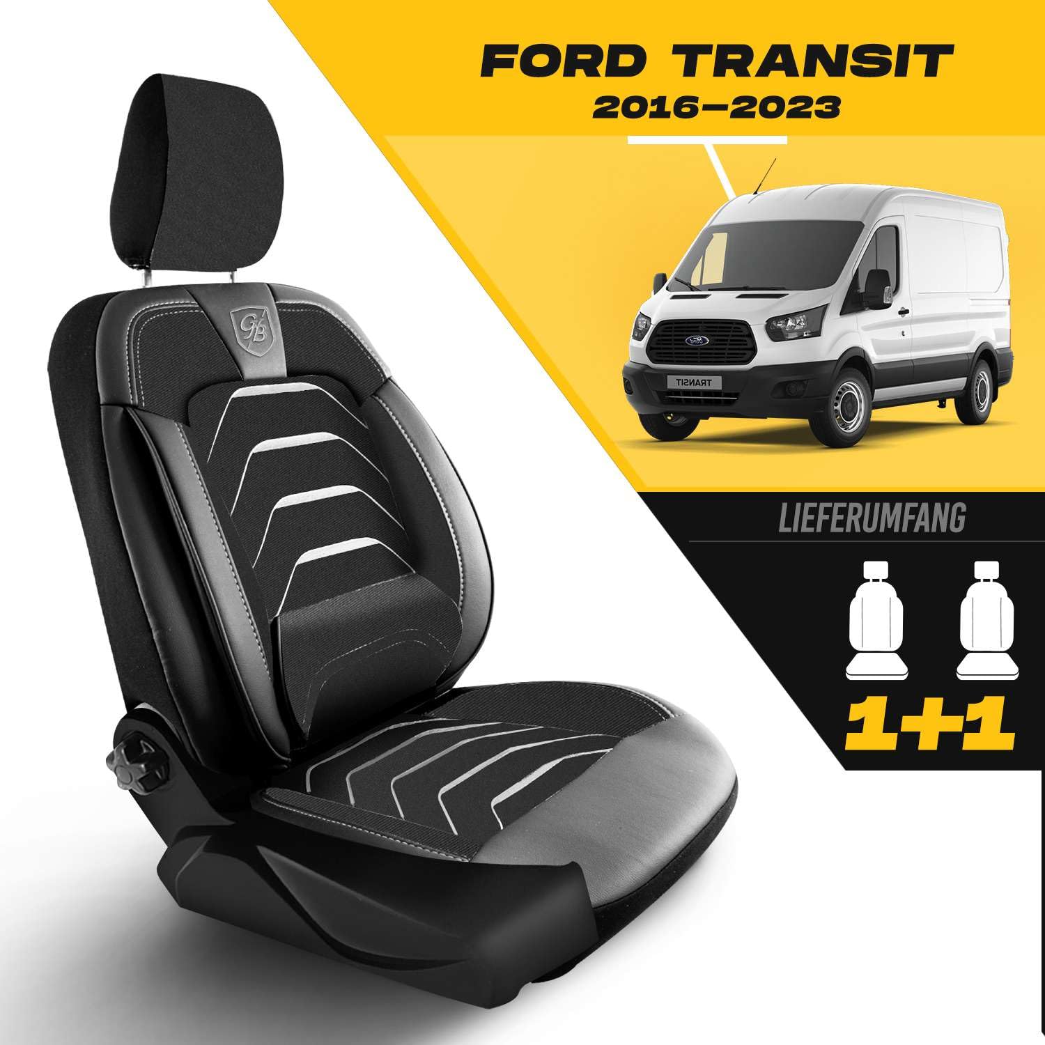 Pokrowce na fotele samochodowe Universal 1+1 Transit Custom (2016-2023) - Premium Pokrowce na przednie fotele z lnu, czarno-szary, zestaw pokrowców na przednie fotele z zestawem
