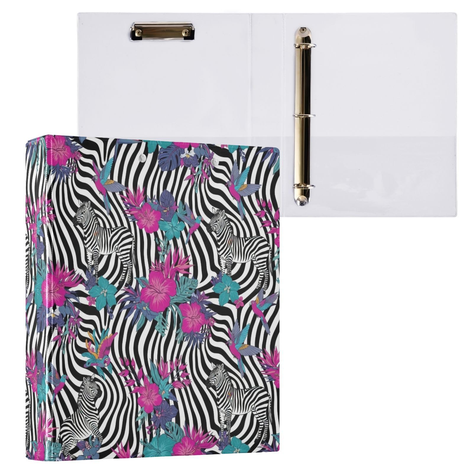 Raccoglitore a tre anelli con motivo floreale tropicale e zebrato, 3,8 cm, confezione da 2