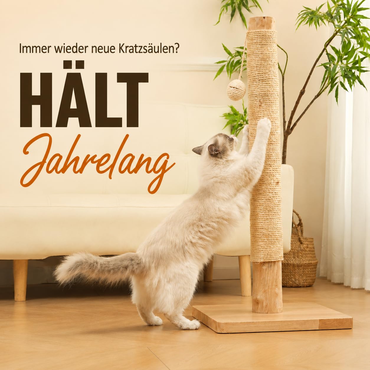 89 cm Kratzsäule aus Massivholz, Langlebiger Kratzbaum aus Holz | 8 kg Stabiler Stand, Natürlicher Birnbaumstamm, Sisalseil, Massivholz-Basis mit Eichenfurnier, 1 Jahr Ersatzseil