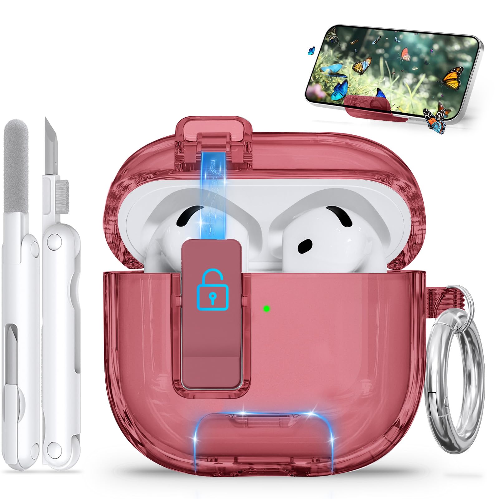 for AirPods 4 Case with Phone Stand &amp; Safety Lock, Auto-Open Clear AirPod Case Compatible with Apple AirPods 4th Gen 2024, Anti-Scratch &amp; Shockproof Protective Cover with Cleaning Kit &amp; Keychain