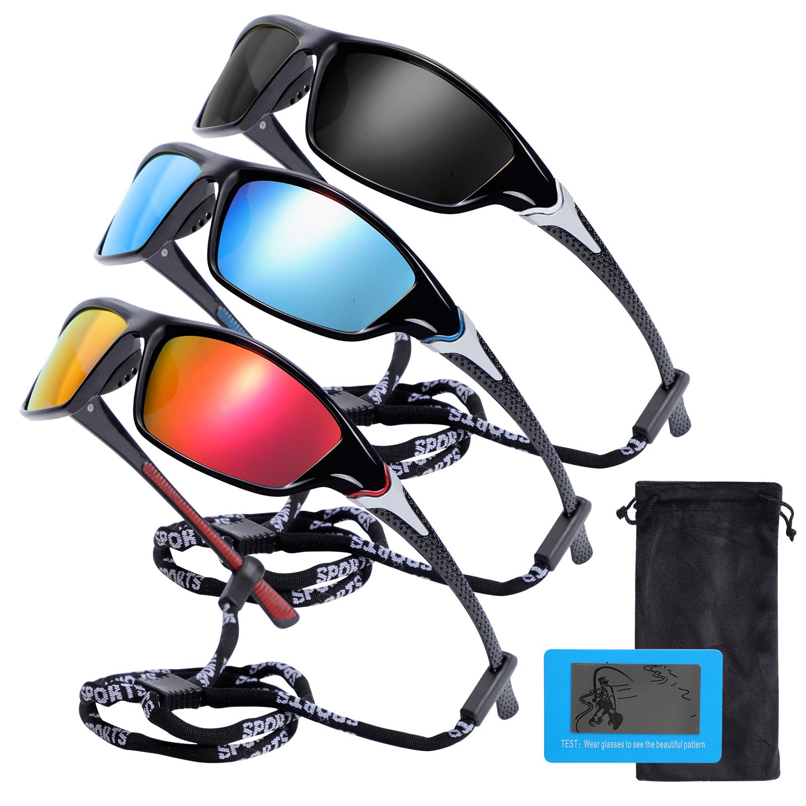 Risipu 3 Pack Polarized Cycling Sunglasses Sports Sunglasses for Men Women, Mens Bike Goggles Wrap Around UV400 Protection for Cycling Fishing Driving