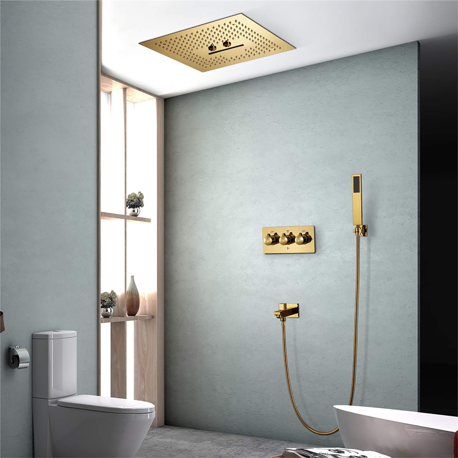 Zestaw prysznicowy Gold Shower Combo, montowany na suficie, z baterią prysznicową do łazienki, ze stalową głowicą prysznicową, prysznicem ręcznym, baterią wannową, w,