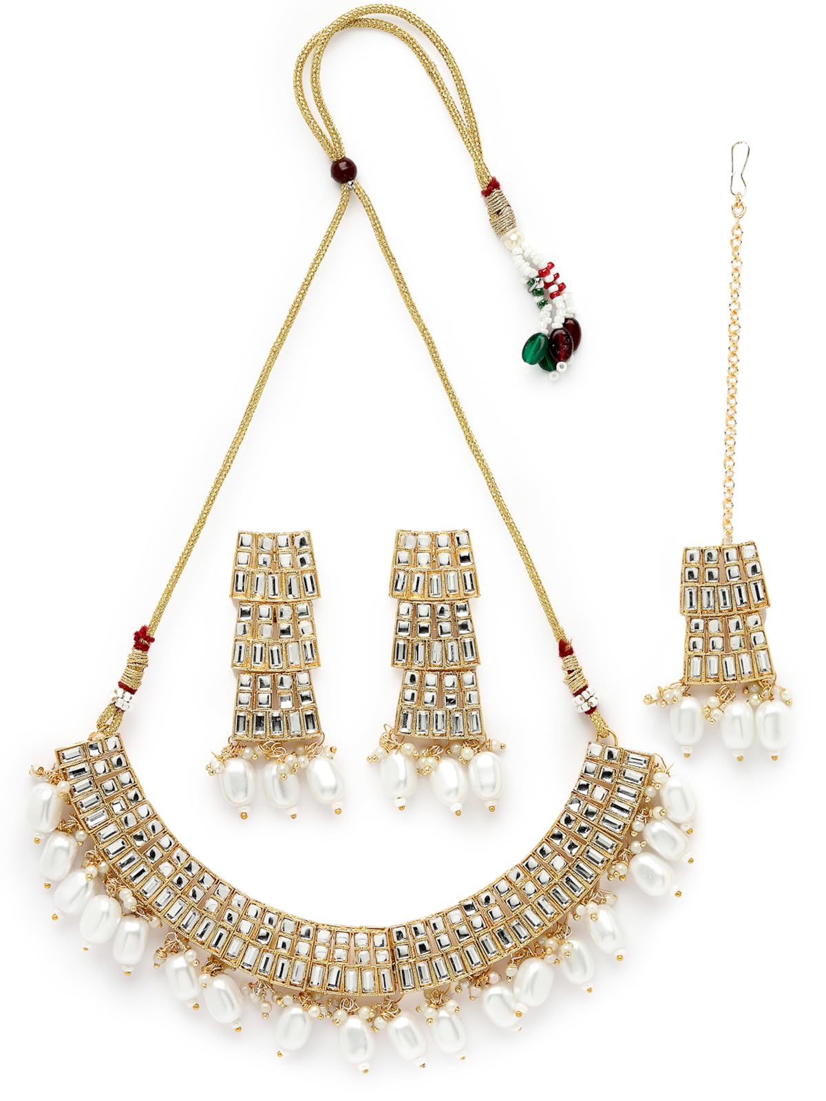 Sukkhi Beautiful Gold Plated AD White & Beads Collar Bone Necklace Set With Earring And Maangtika | Jewellery Set For Women (NS105561) (B0CBB9LV6T) Amazon Price History, Amazon Price Tracker