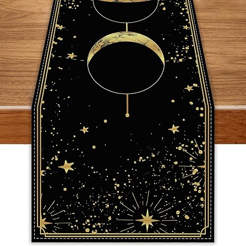 FARMNALL Camino de mesa de lino con luna, mantel místico bohemio de astrología, Ouija, decoración de tarot, decoraciones góticas y suministros para