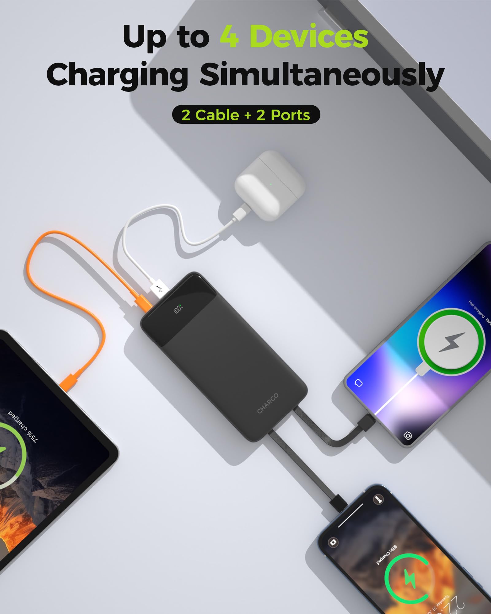 CHARCO Banca portatile di potere del caricatore con costruito nel cavo 10000mAh | Ricarica rapida da 20 W, ultra sottile, dimensioni compatte, essenziali da viaggio per iPhone 17/16/15, Samsung, tablet, nero