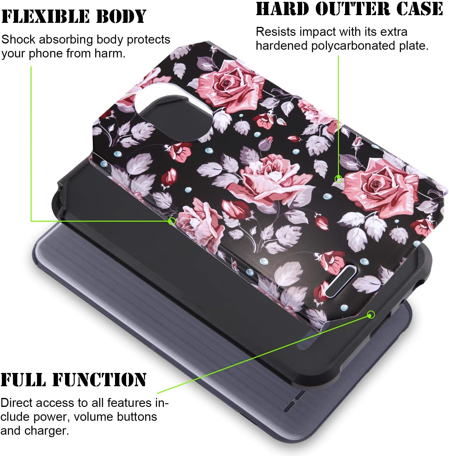 Starshop Shock Absorption Drop Protection Case Compatible For LG Stylo 3, LG Stylo 3 Plus, With [Premium Screen Protector Included], Dual Layers Impact Advanced Rugged Protective Cover - Pink Rose