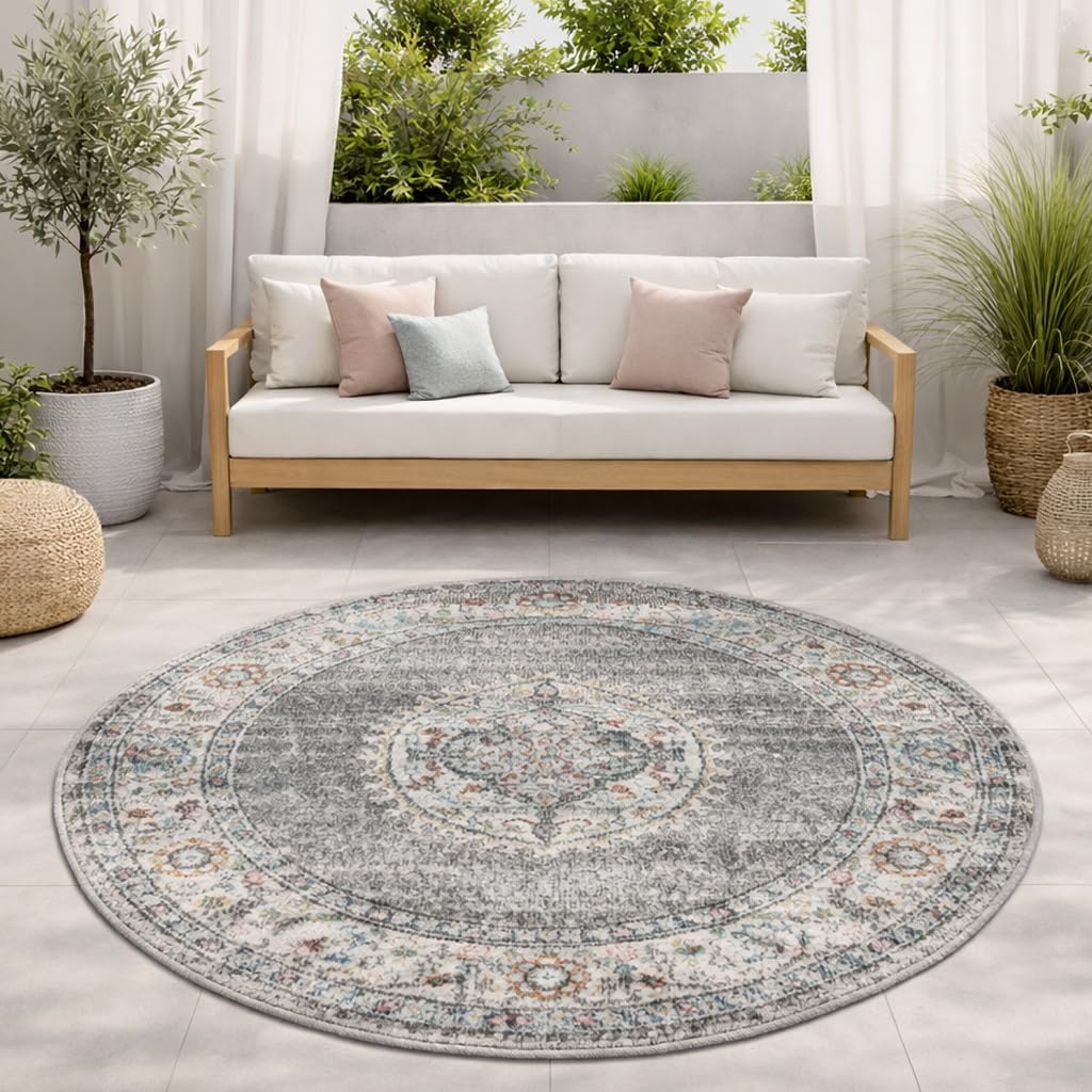 the carpet Palma Robust Outdoor Rug, Modern Design, Weatherproof and UV-Resistant, for Balcony, Patio and Conservatory, But Also Suitable for Kitchen or Dining Room, Grey Orient, 120 cm Round โ image 1