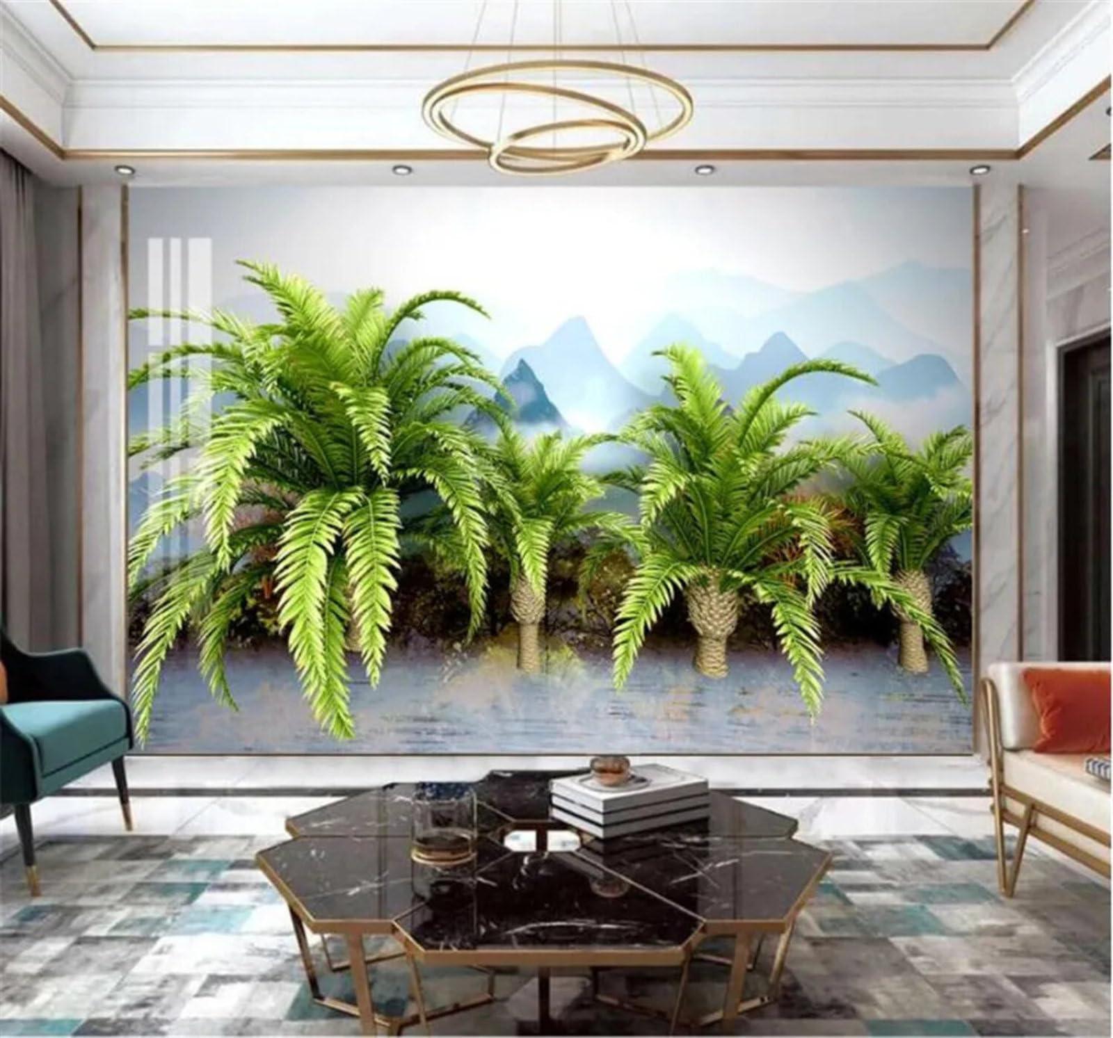 Tzxztt Fresh Tropical Green Plants Coconut Trees Mountain Peaks Modern 3D Wallpaper Premium Textured Silk Neutral Tones Material Ideal for Living Room Bedroom-430cm×300cm