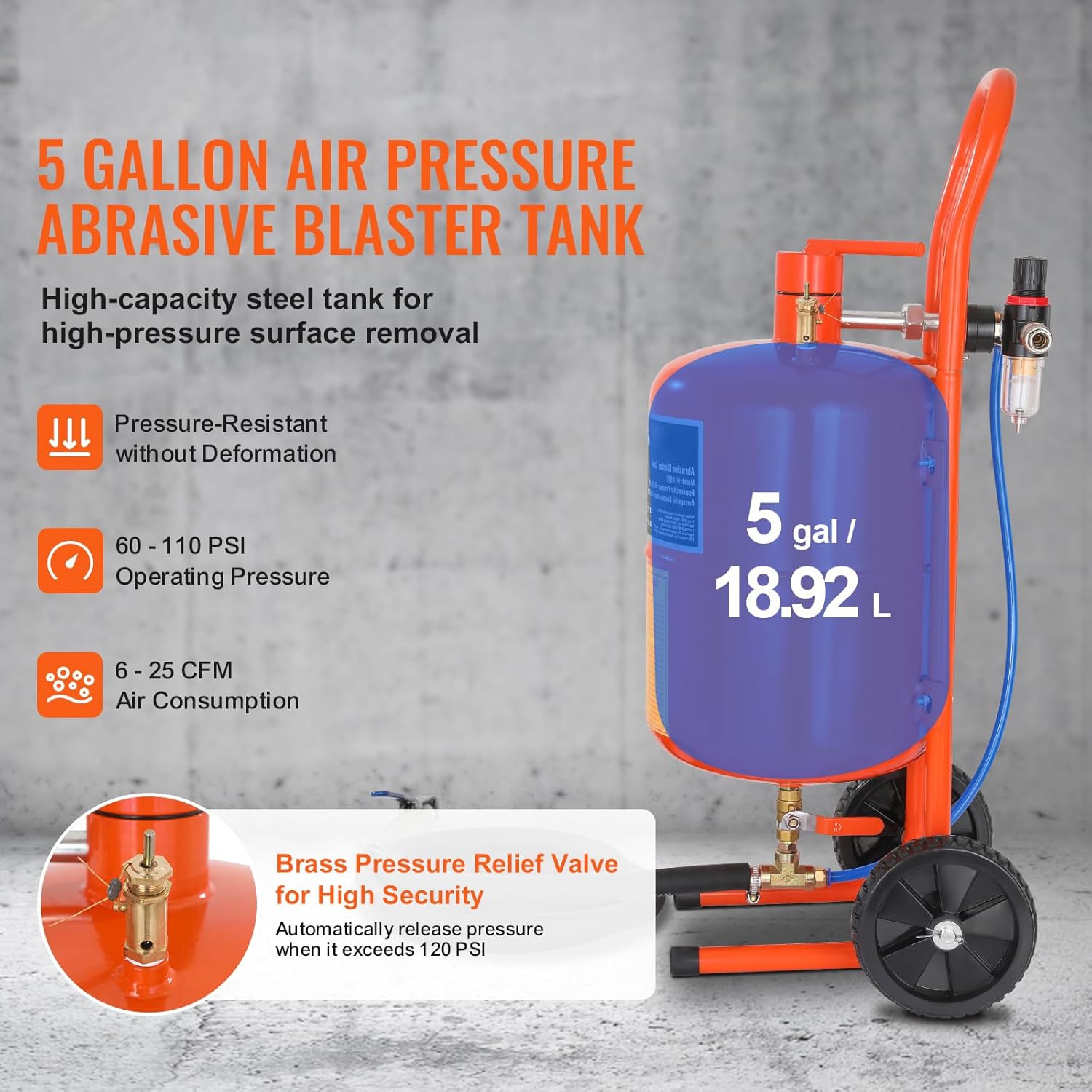 Happybuy 5 Gallon Sand Blaster, 60-110 PSI High Pressure Abrasive Blasting Tank, Air Sandblasting Kit with 4 Ceramic Nozzles & Oil-Water Separator for Paint, Rust Removal