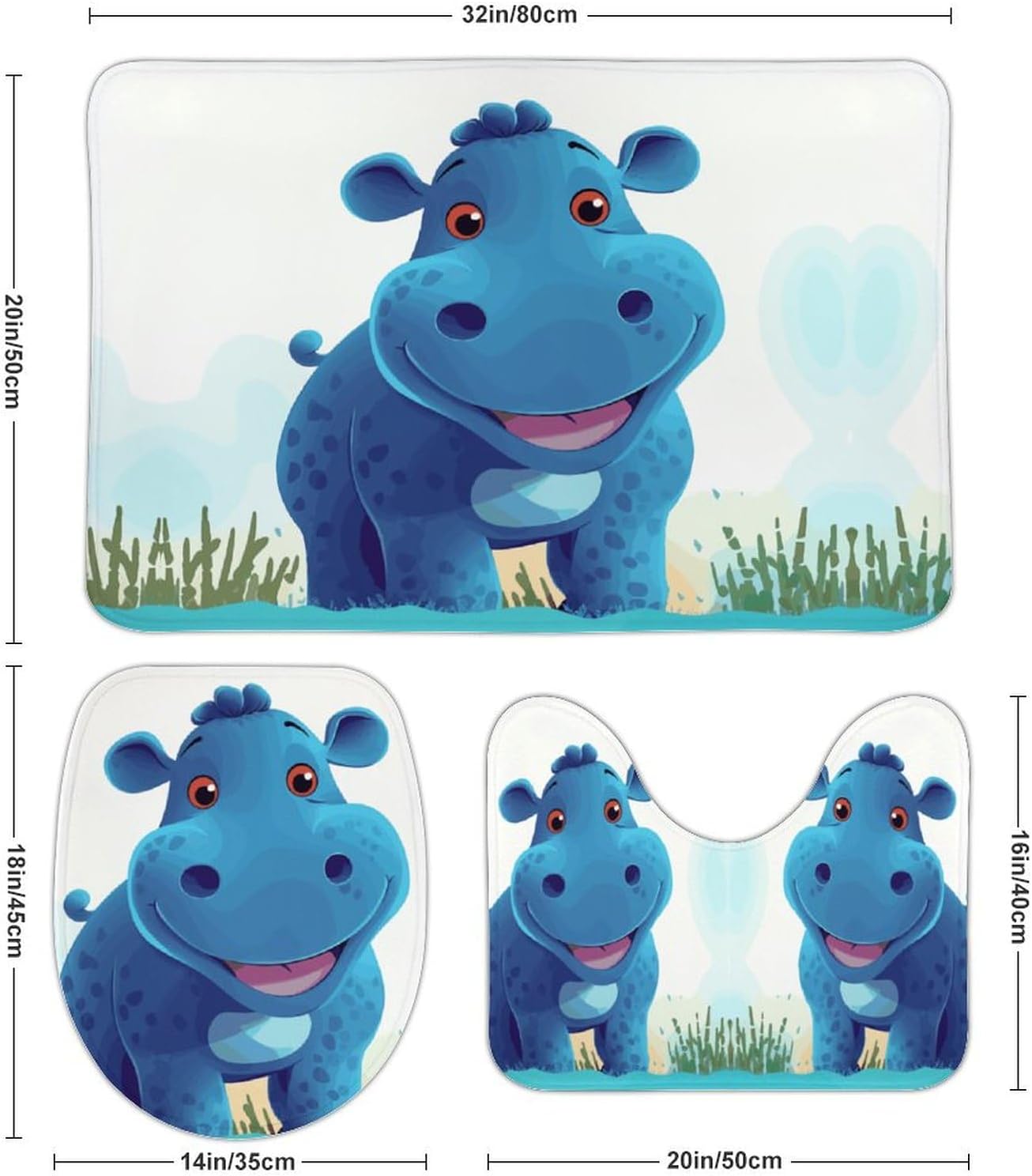Anti-Skid Floor Mats 3 Piece Set,Cute Hippo Printed Coral Fleece Bathroom Mats U-Shaped Contour Mat Toilet Seat Cover for Bathroom, Tub, Shower, Kitchen 19.7"x31.5"