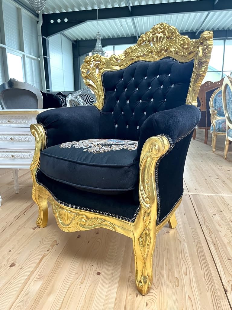 CasAmin Home & Living Fauteuil de style Louis XV en velours beige, fauteuil de canapé de style rétro baroque rococo avec finition dorée pour la décoration intérieure