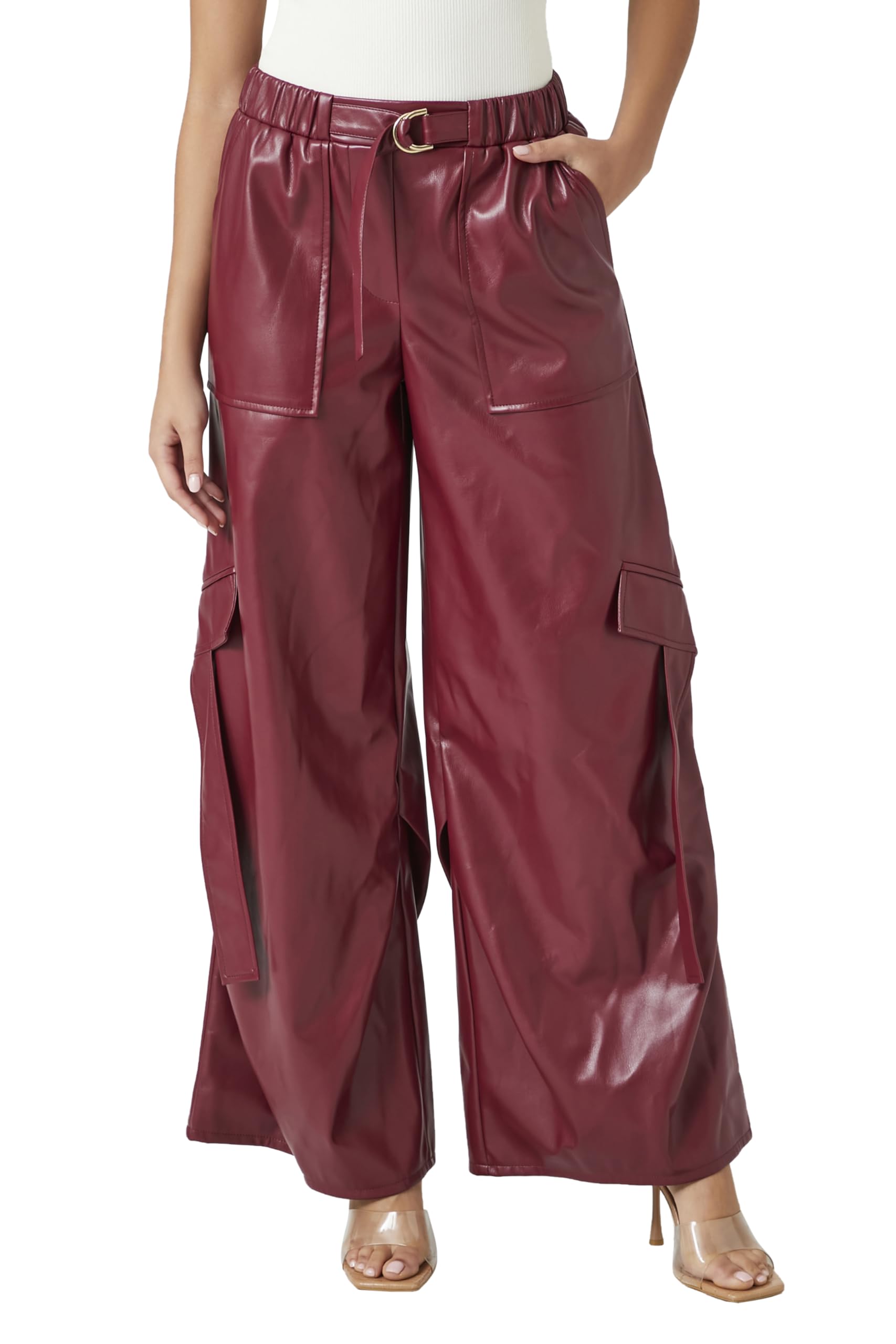 Forever 21 Faux Leather Wide-Leg Cargo Pants Pantalons Femme