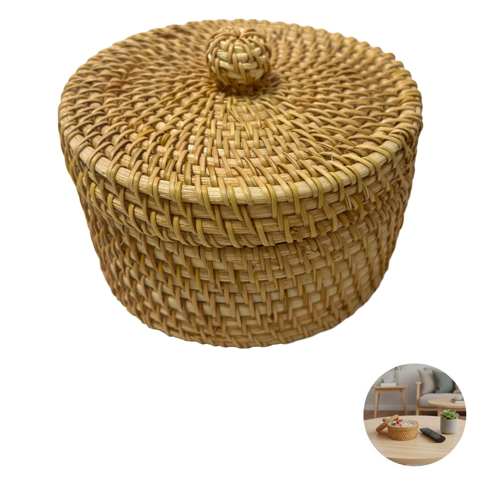 Boîte de rangement ronde en rotin naturel avec couvercle, panier tressé avec poignée boule, petit organisateur en osier, 14 x 8 cm, pour décoration, table, salle de bain, cuisine, bureau