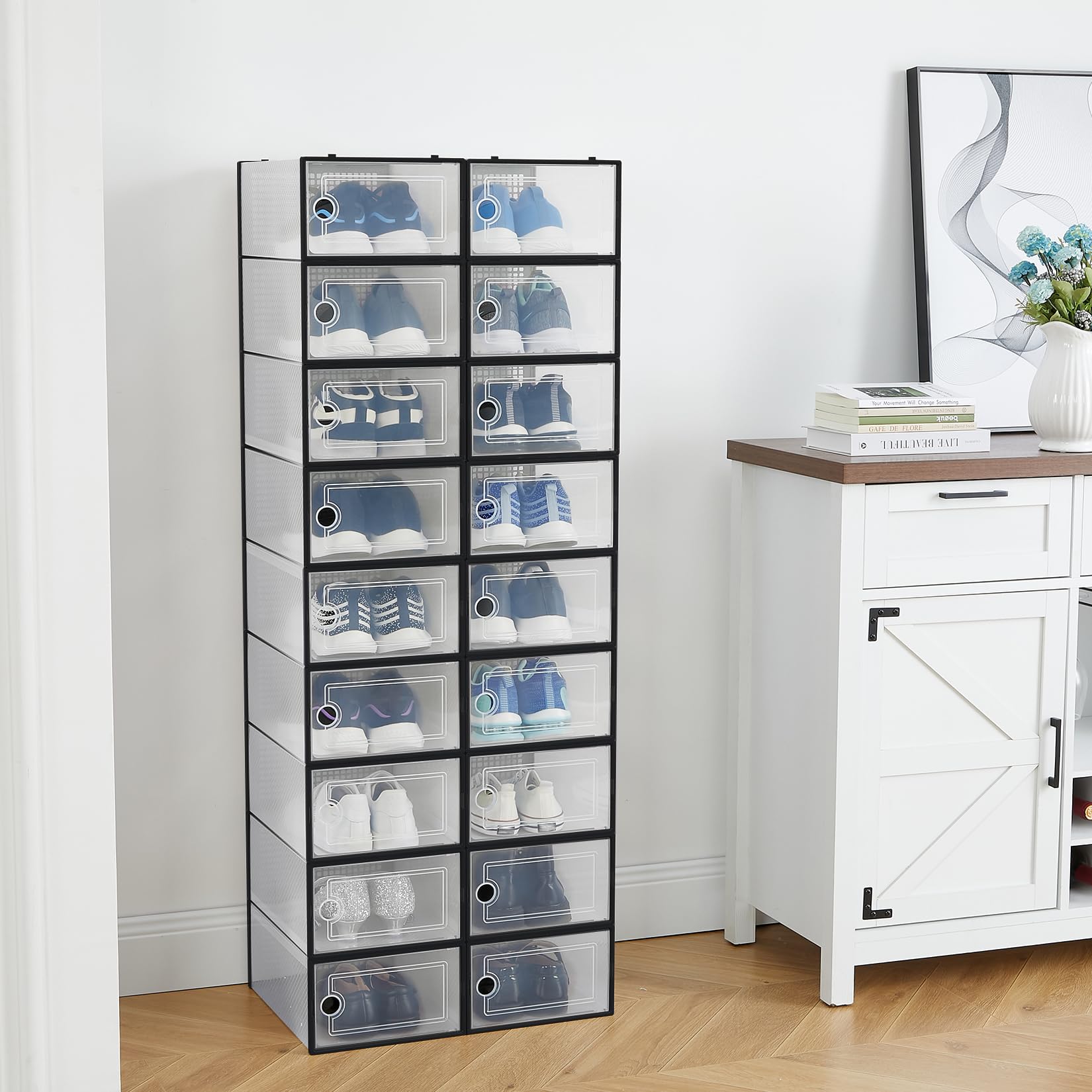 18er Set stapelbare Schuhboxen, transparentes Kunststoff Schuhaufbewahrungssystem – Front-Klapptür, Belüftung & Staubschutz – für Sneaker/Trainer bis UK 13.5, für Schrank & Flur, Farbe: