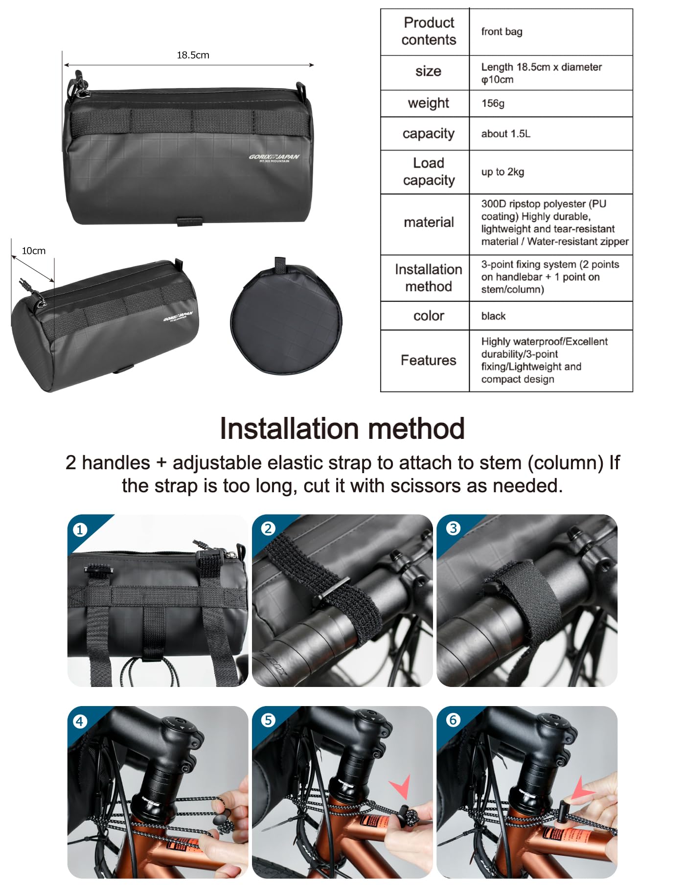 Sacoche de Guidon Avant GORIX 1,5 L, Petite Sacoche étanche pour vélo de Route et de Montagne (MT.FRO-2)