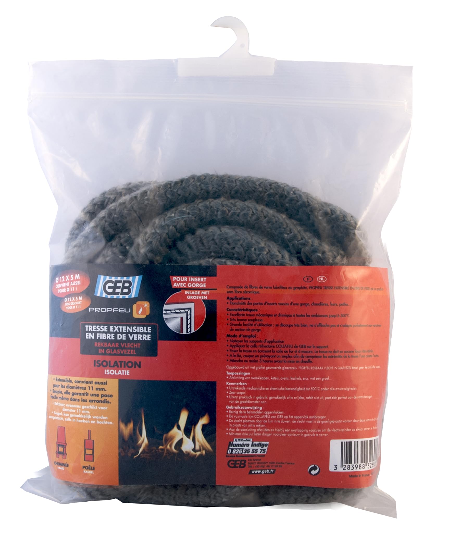 GEB Propfeu Tresse ronde extensible en fibre de verre pour étanchéité réfractaire des vitres d'insert de cheminée - Diamètre Ø 12 à 11mm - Sachet de 5m de long