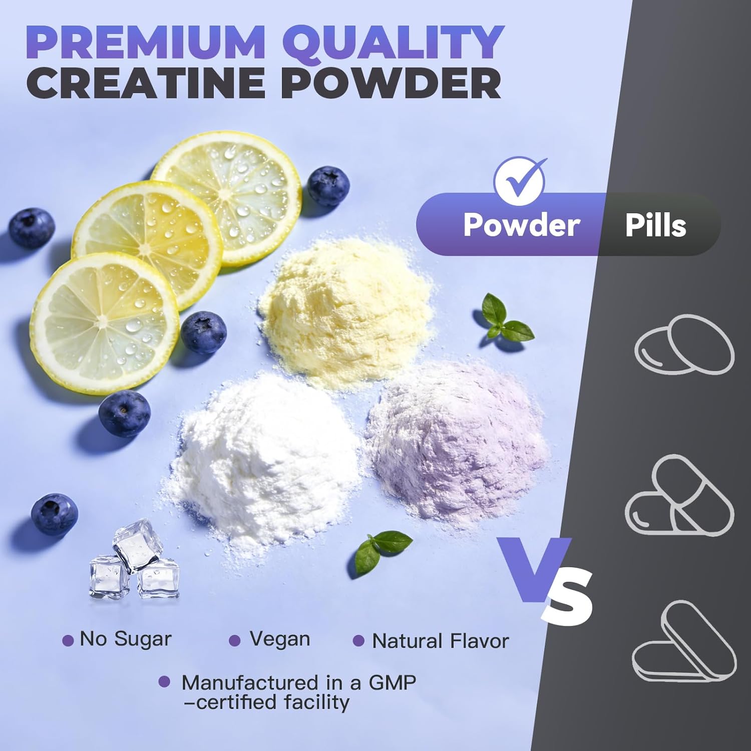 Creatine Monohydrate Powder - Blueberry - 30 Servings - 5g of Creatine Monohydrate - Supports Muscle, ATP Production, Energy, Strength - Vegan, Gluten Free