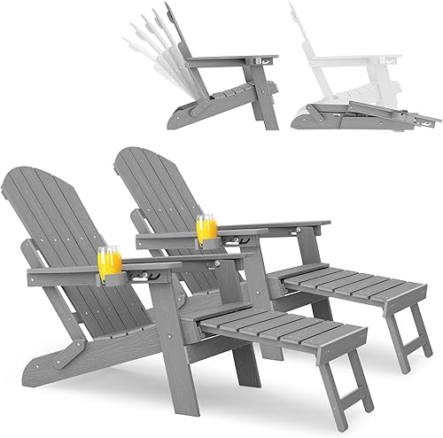 Miniatura 26 de YEFU Juego de 4 sillas Adirondack ajustables con reposapiés, sillas Adirondack ajustables de 5 niveles con otomana retráctil y 2 portavasos, sillas