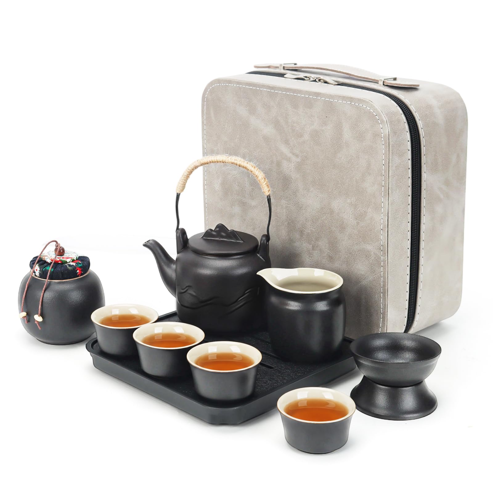 Portable Ceramic Gongfu Tea Set, 10Pcs Tea Service Kit 4 Cups 300ml Teapot