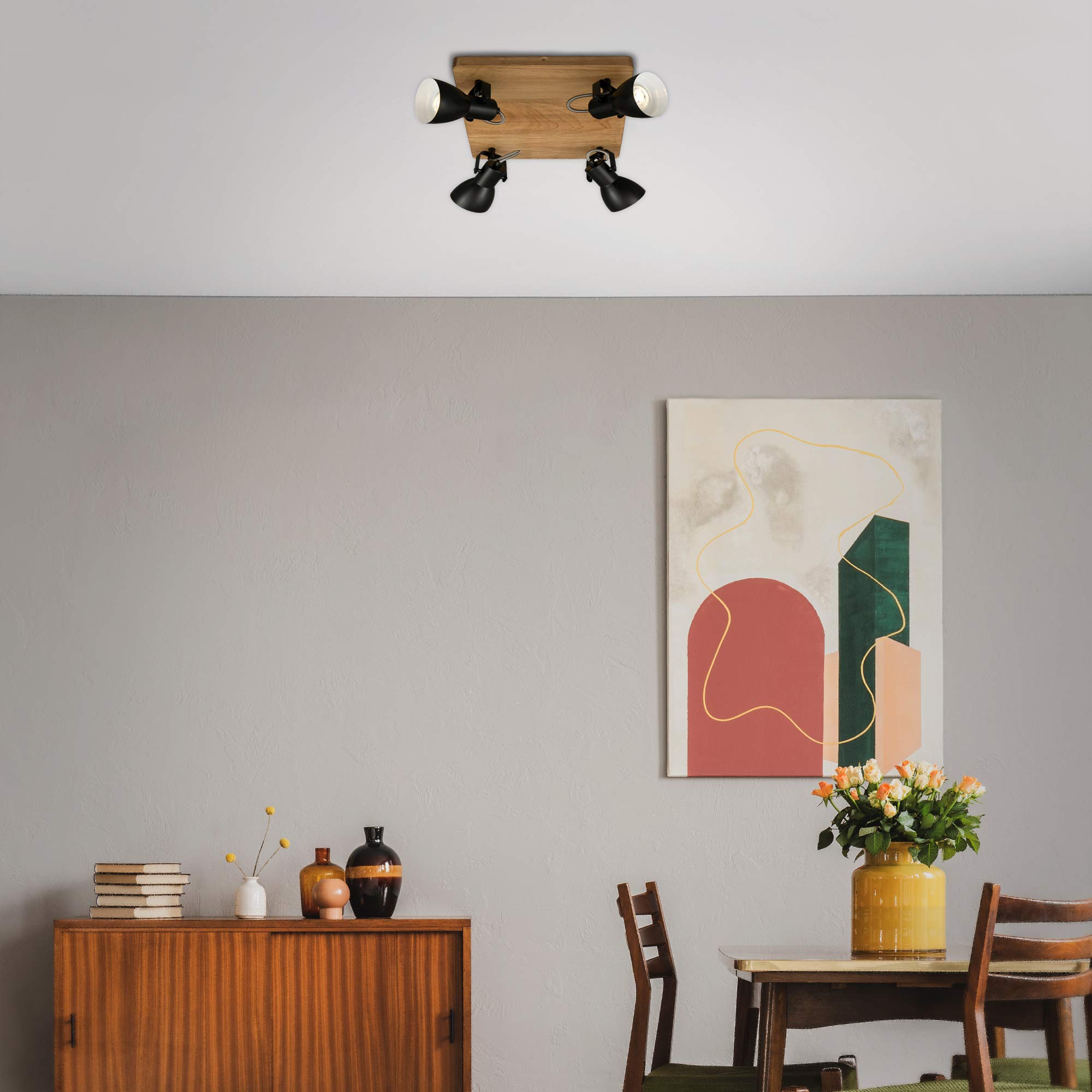 Briloner - Spot, spot de plafond rétro, applique murale vintage, spots orientables et pivotants, 4x GU10, max. 35 W, bois-métal, noir et blanc, 28x28x13,5cm (Lxlxh)