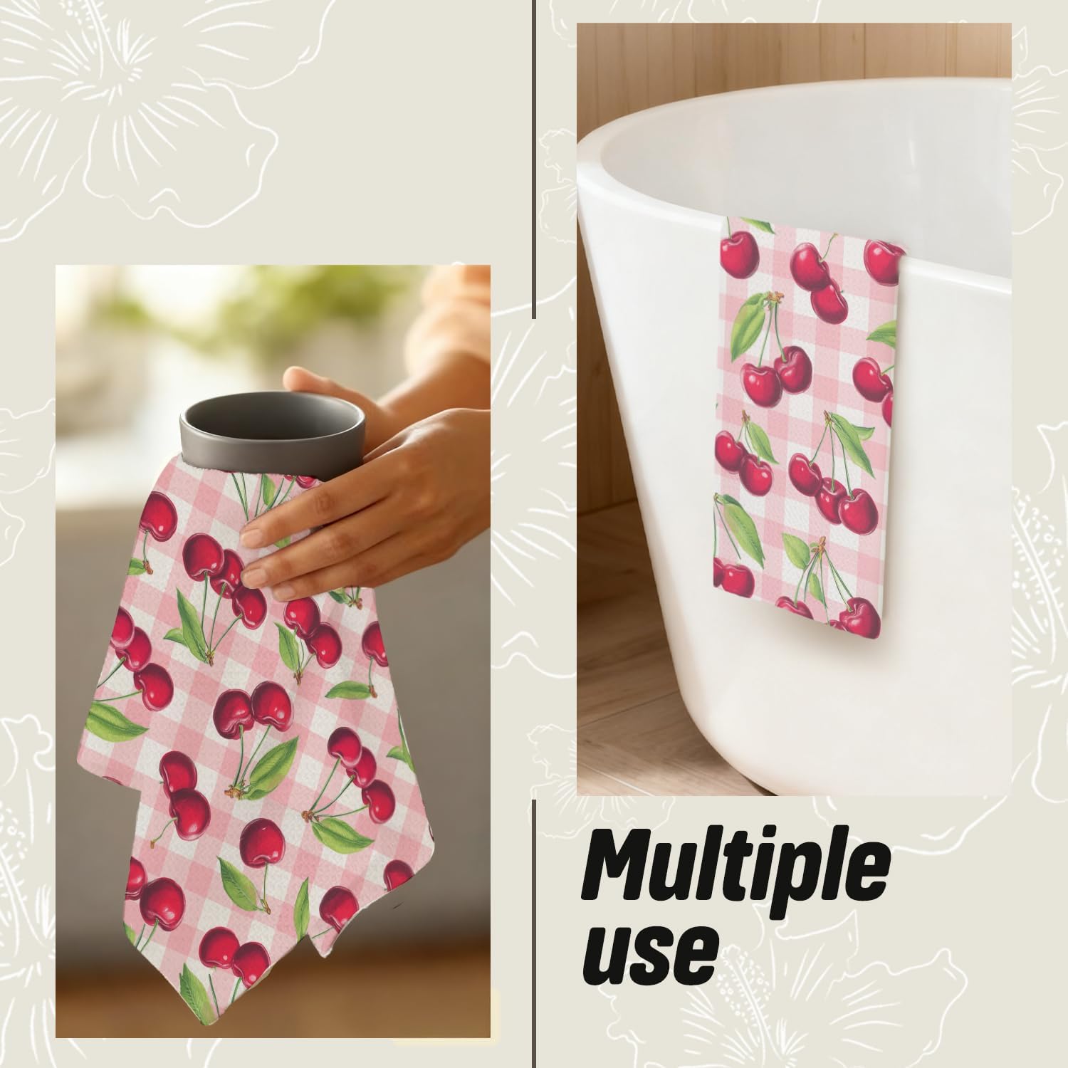 Pink Plaid Cherry Fruit Kitchen Dish Towels, Cherry Gifts for Women, Pink and White Gingham Check Cherries Decorative Hand Tea Towels for Kitchen Bathroom, 16x24 Inch - Image 5