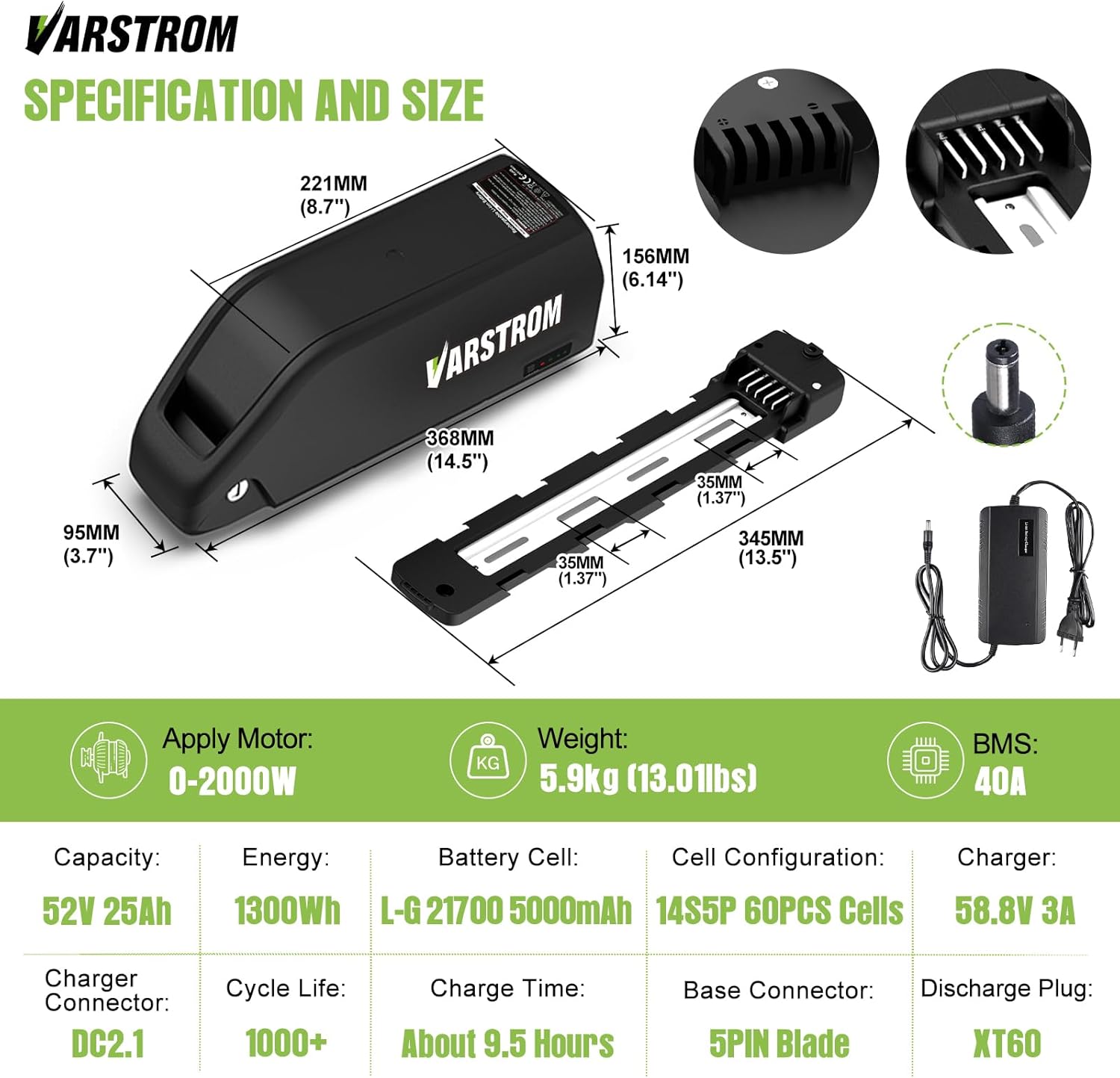 52V Ebike Battery,25Ah 1300Wh Electric Scooter Lithium Battery with Waterproof Case, 40A BMS,Compatible with BAFANG/Voilamart/AW 0-1500W Ebike Conversion Kit