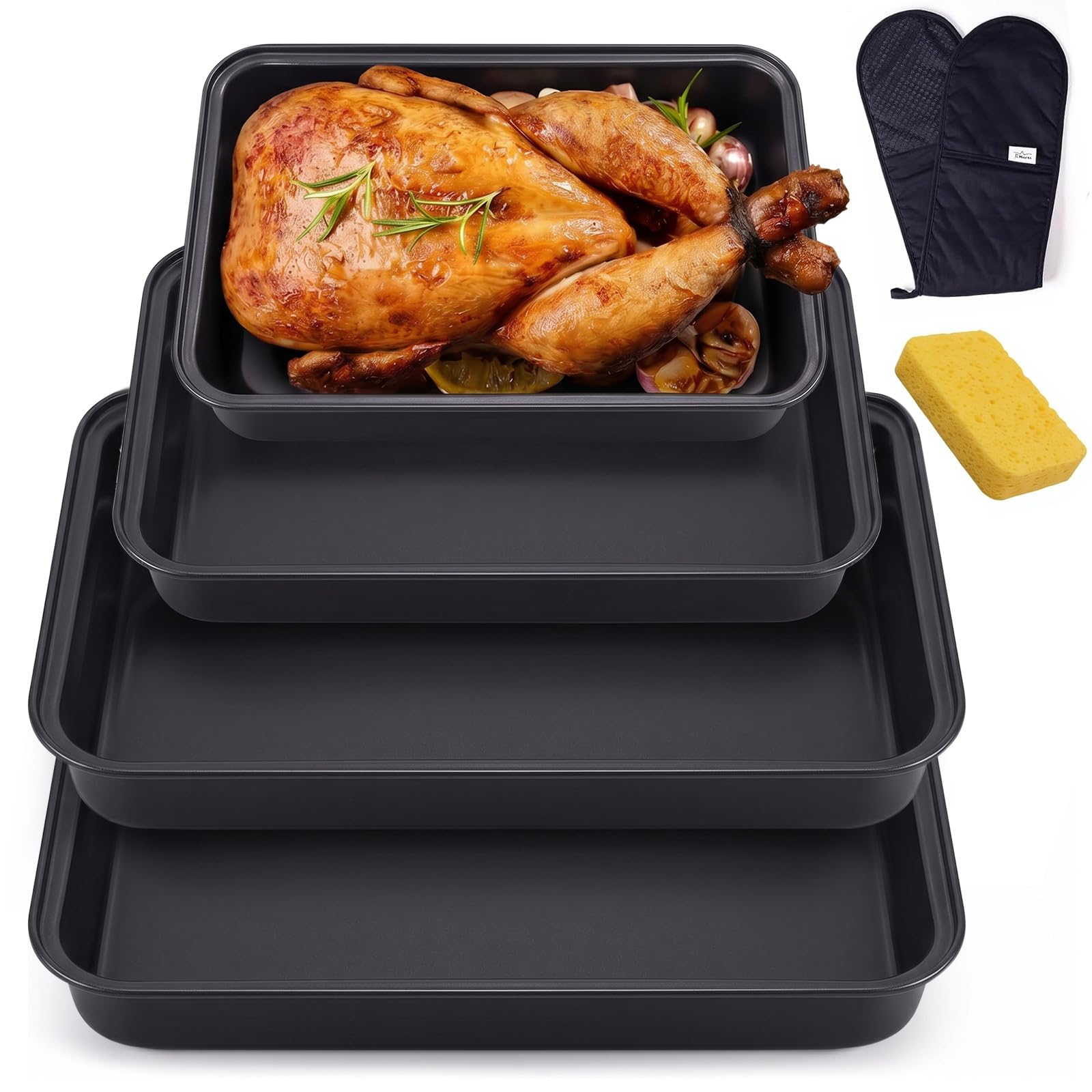 4PCS Baking Trays for Oven Non Stick, 3 Sizes Carbon Steel Deep Roasting Tins Black Oven Trays with Oven Gloves, Easy Release Roasting Tray for Oven Kitchen Home - Easy to Clean (S, M, 2L)
