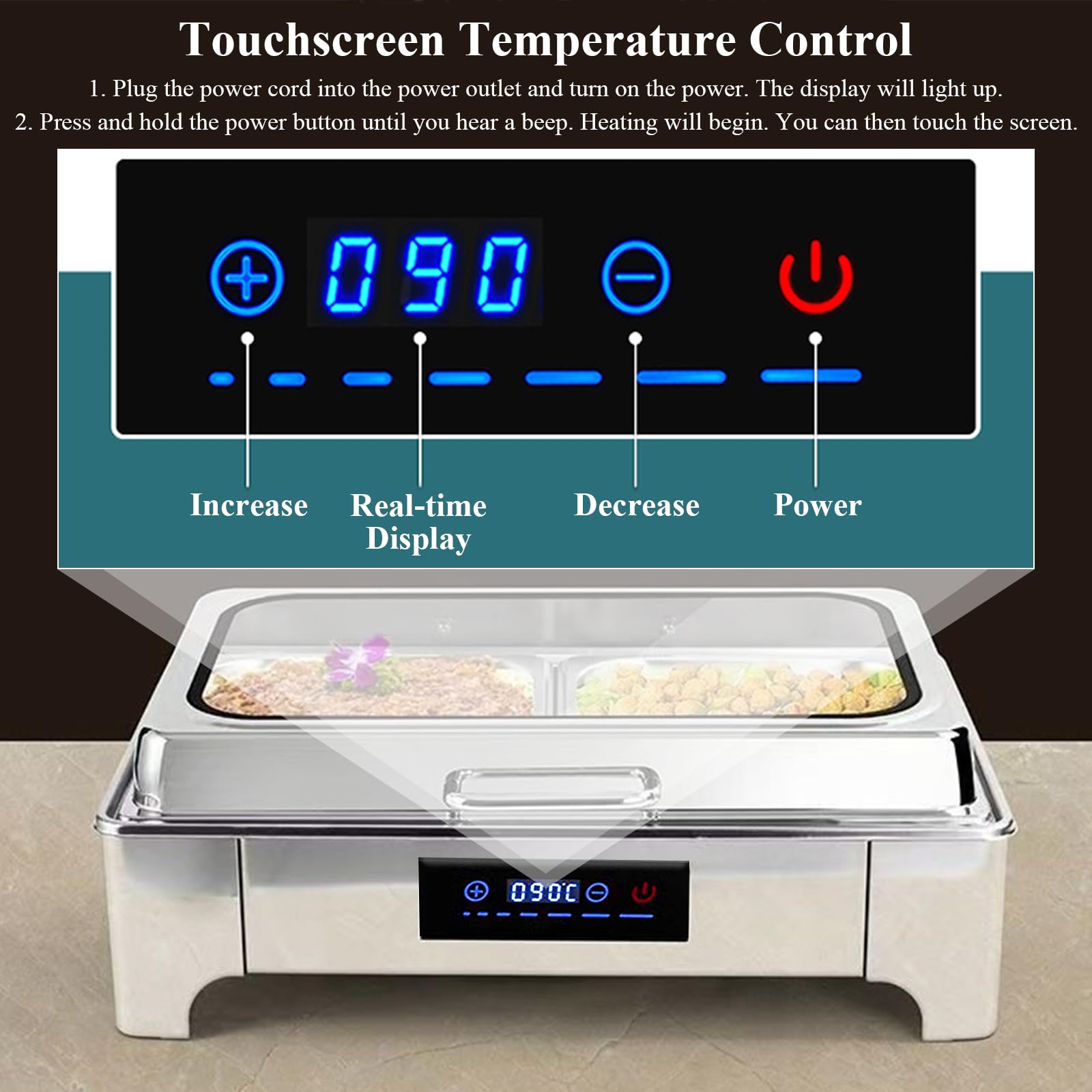 Chafing Dish Elettrico 9L Temperatura Regolabile 35-90℃(B,1/2 Pan) | 400W Scaldavivande Elettrico Professionale per Buffet in Acciaio Inox, Contenitore Scalda Cibo per Buffet, Ristoranti, Hotel