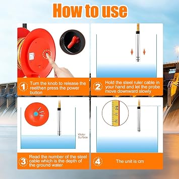 Liquid Level Measuring Tool, Well Water Level Gauge with Stainless Steel Probe, Reel Type Tape and Audible Indicator for Borehole Depth Inspection 10m to 300m(100m)