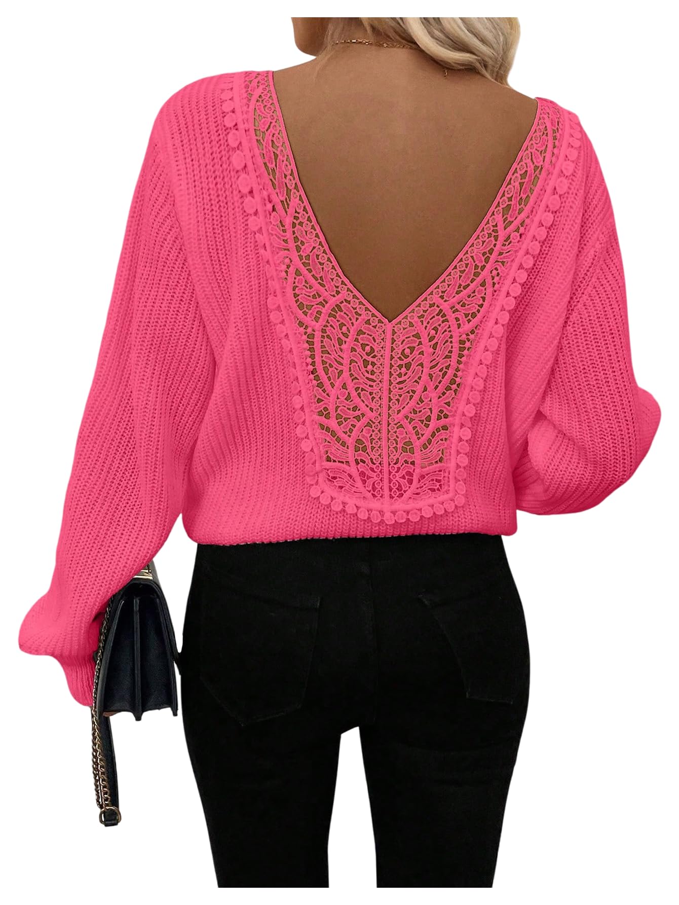 Womens Lace Sweater Long Sleeve Crew Neck Knit Fall Trendy Pullover Top Casual Work Outfits