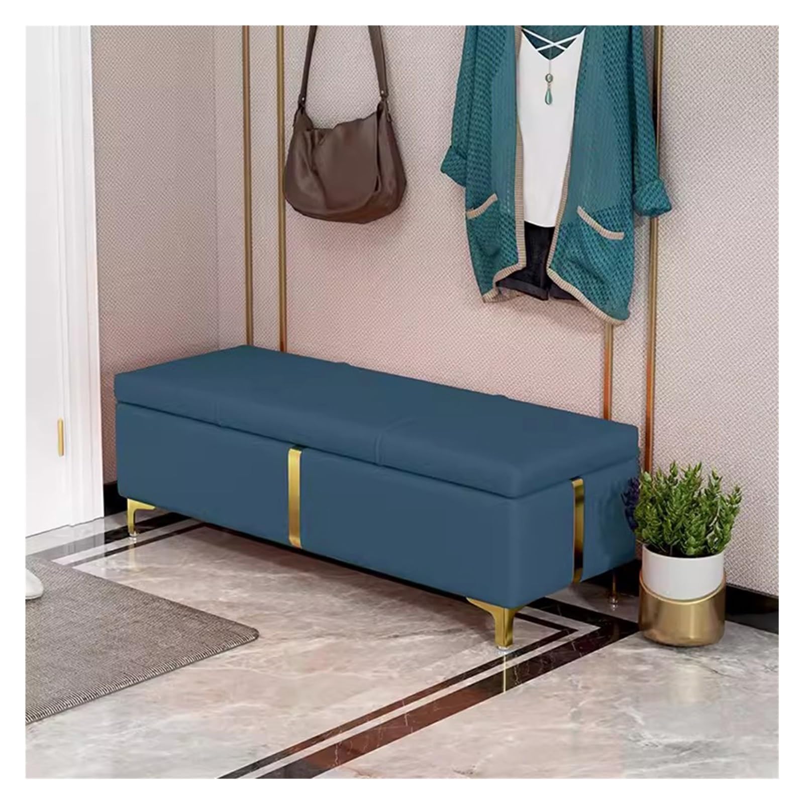WDSOPK Storage Ottoman Faux Leather Storage Bench Bedroom Bench with Safety Close Hinge,Long Ottoman with Storage for Living Room,Entryway,Hallway,Foot Rest（Blue-80CM）