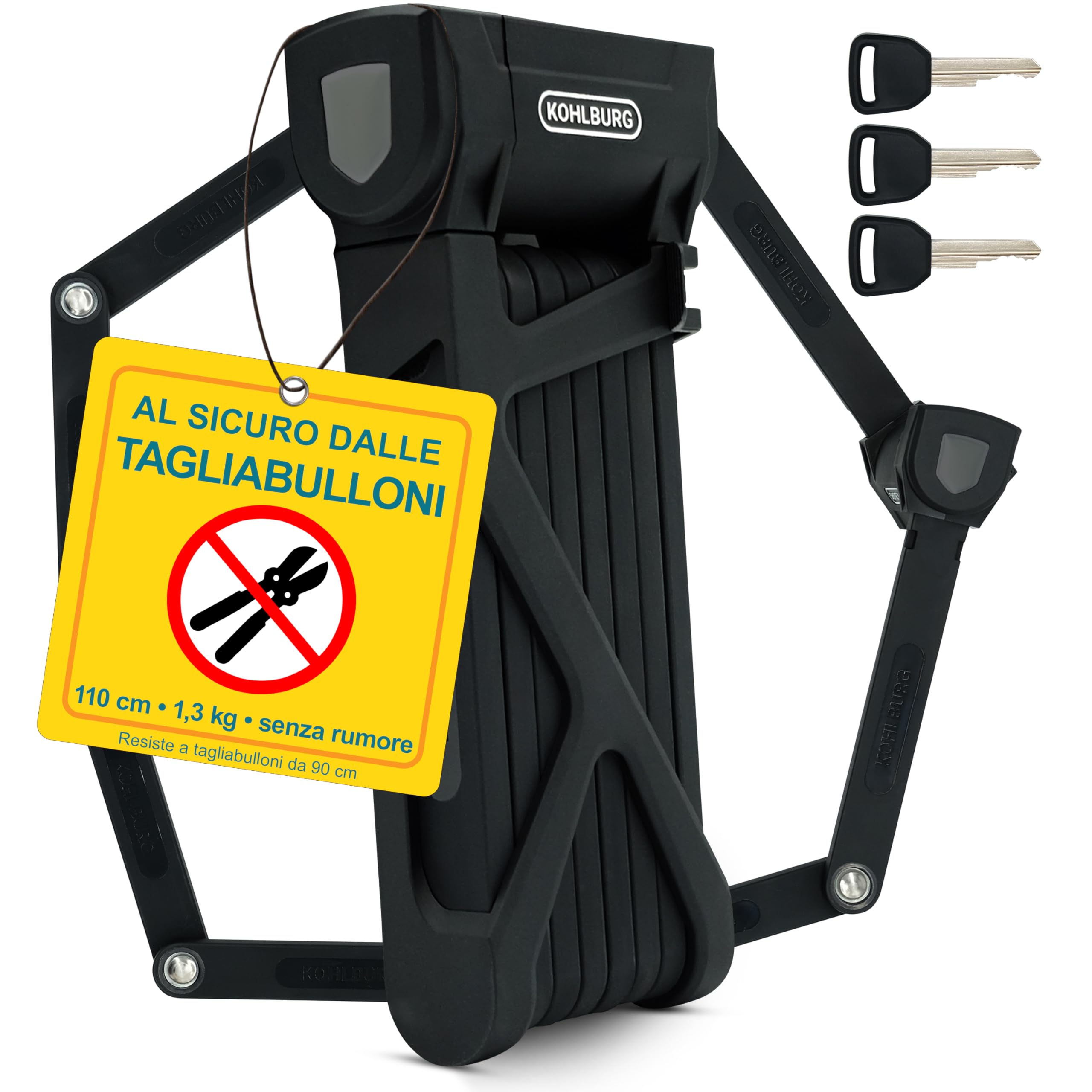 KOHLBURG Antifurto pieghevole bici 110cm chiave [resistente ai tronchesi] come antifurto per bicicletta elettrica – Antifurti per bicicletta ad alta sicurezza con supporto e-scooter – Bike Lock