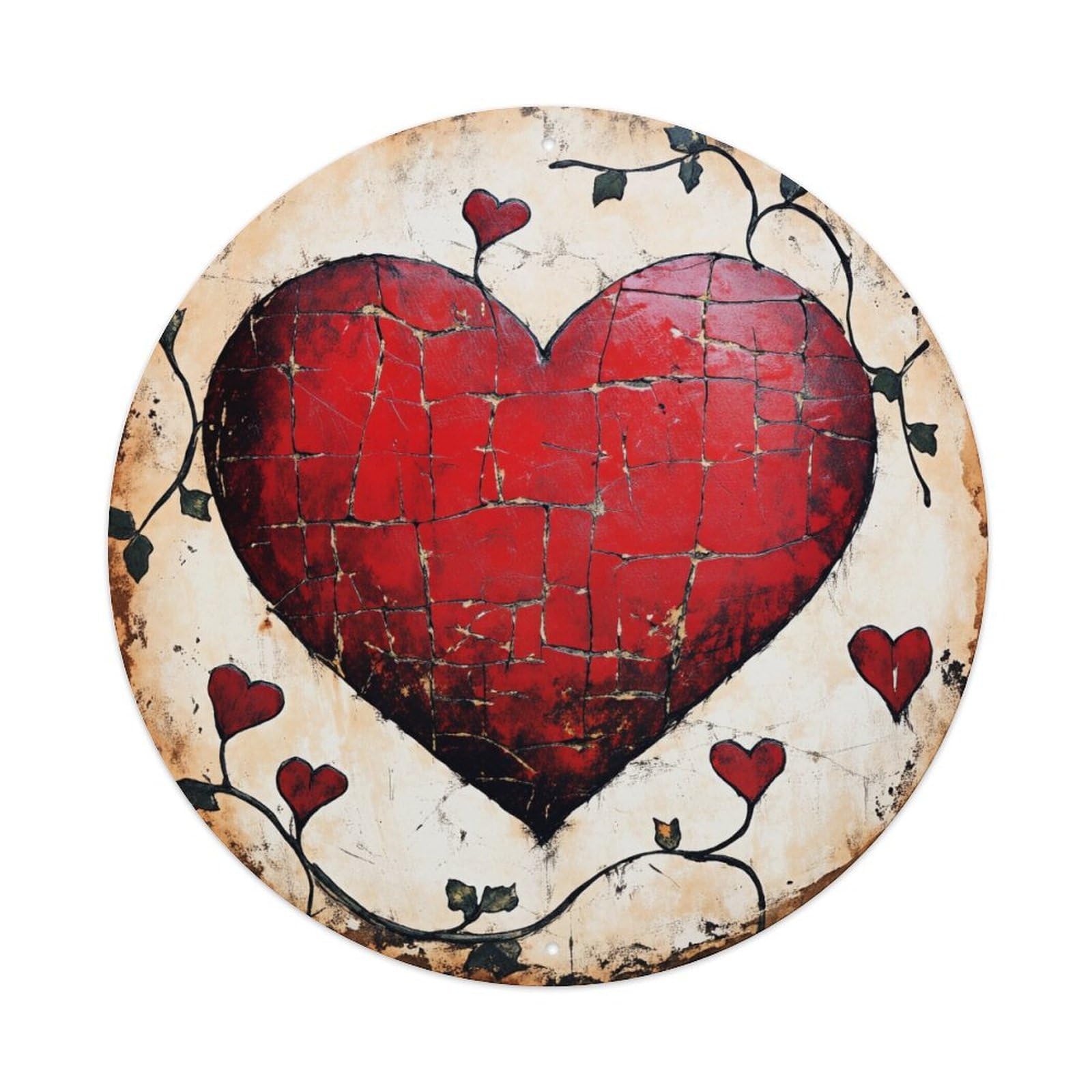 Heart Vine Red Cracked Pattern Round Tin Sign Vintage Metal Poster, Home Bar Garage Man Cave Cafe Indoor & Outdoor Wall Decoration 8x8Inches