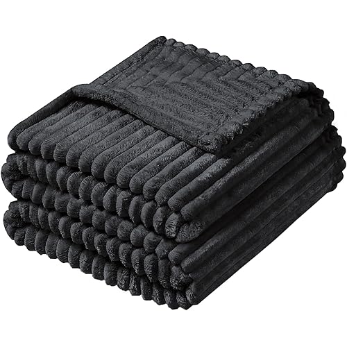 Vessia Flannel Fleece Twin Blanket, Lightweight Warm and Soft Striped Black Blanket for Couch and Bed, Cozy Microfiber Ribbed Sofa Decor for All Season