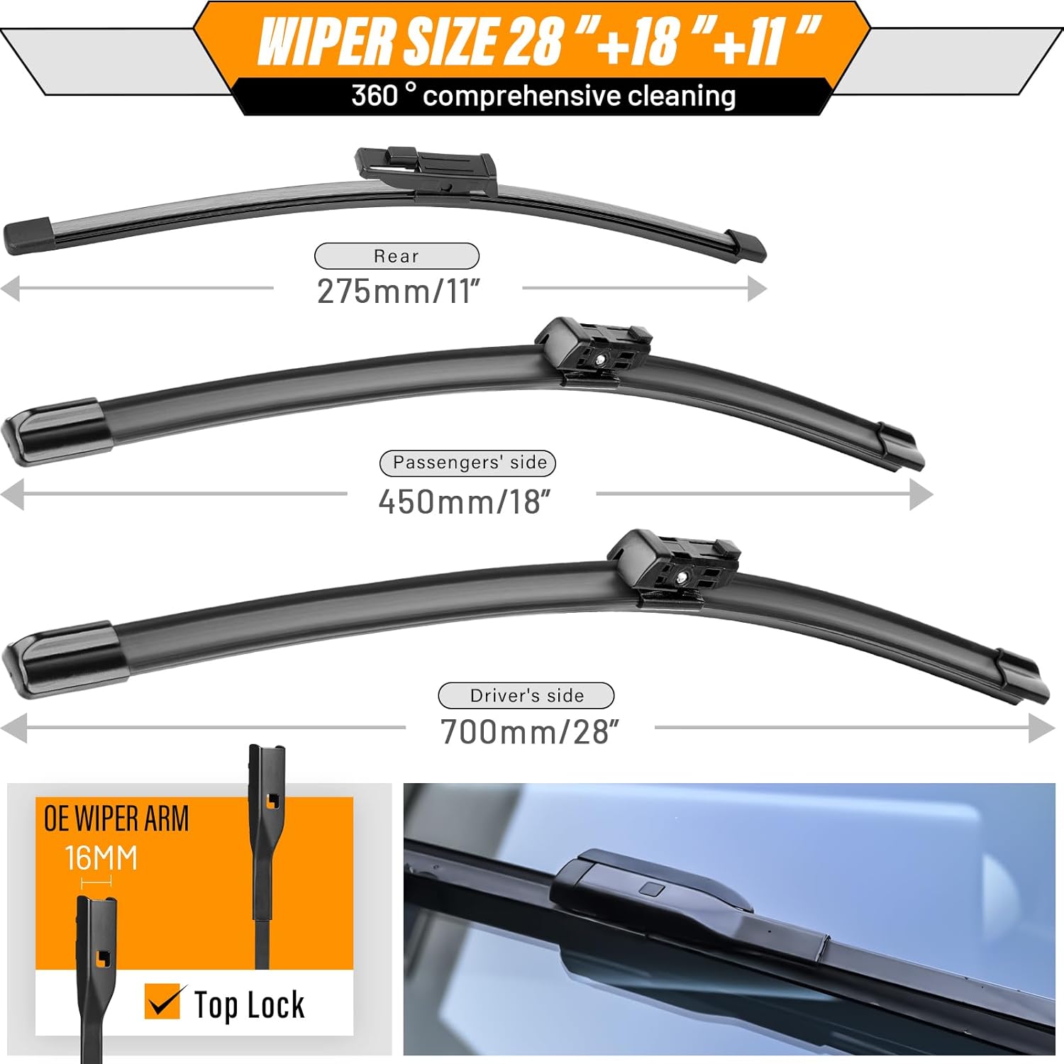 OEM Windshield Wiper Blade Replacement for VW Volkswagen ID.4 ID4 2021 2022 2023 2024 2025 Original Equipment All -Season Rear Wiper Blade Set 28+18+11 (Set of 3)